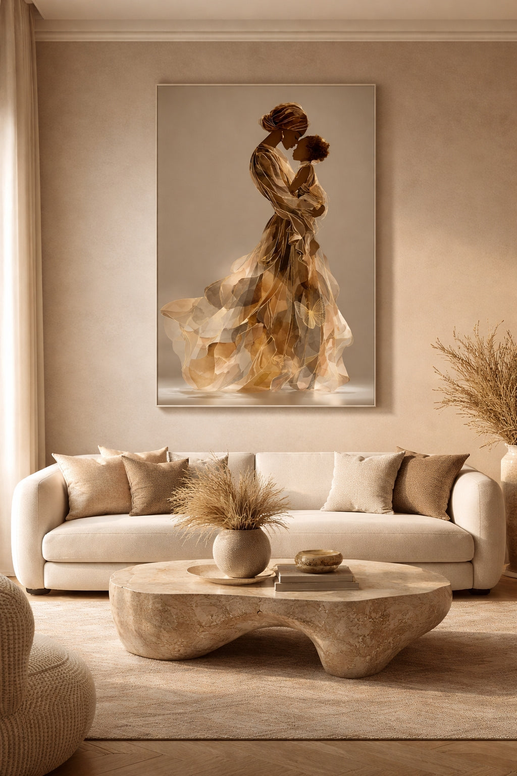 Mother and Child Afrocentric Wall Art – Neutral Gold Maternal Portrait, Black Motherhood Canvas, Elegant Family Decor