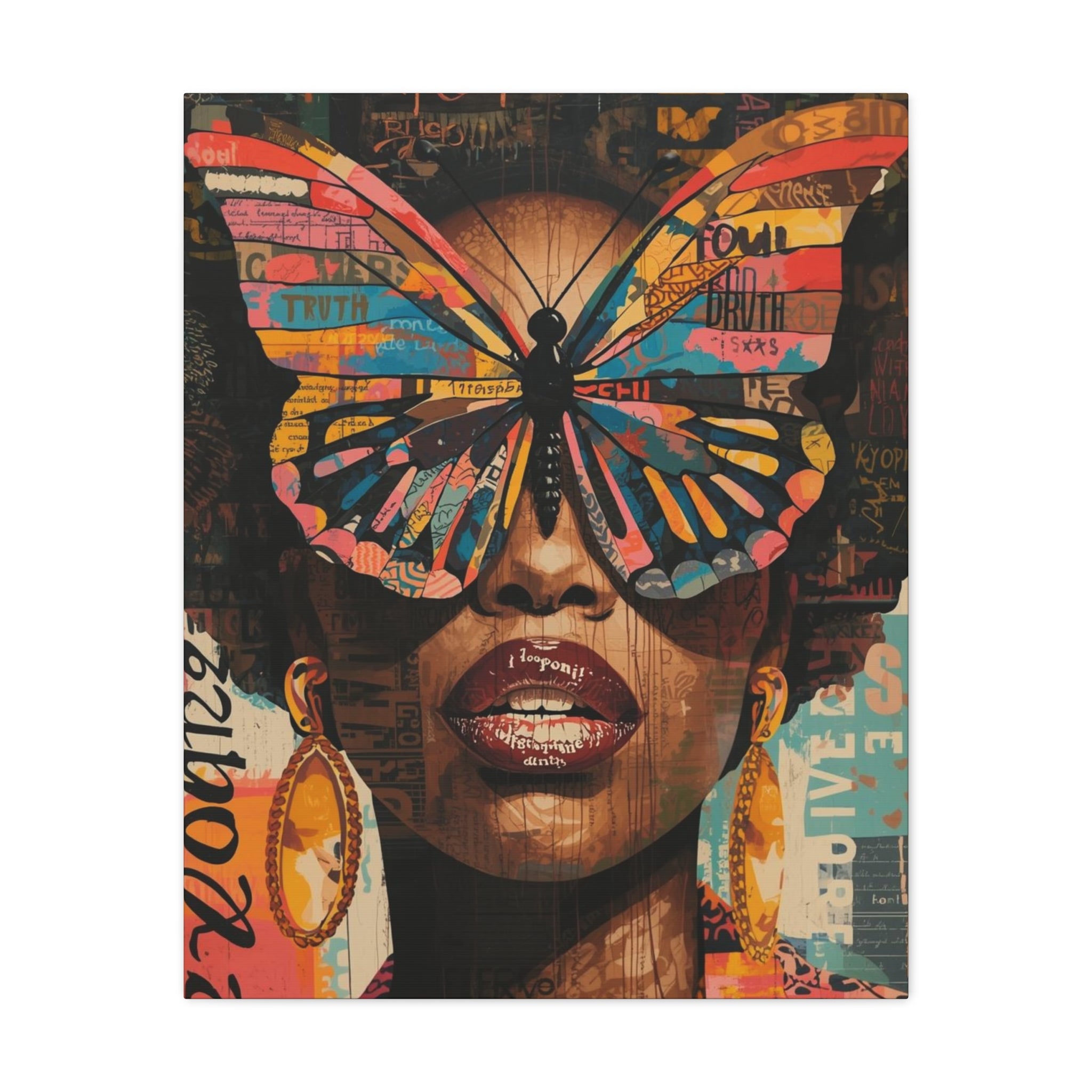 Colorful Butterfly Woman Wall Art Print, Afrocentric Abstract Canvas Art, Large Statement Wall Art, Black Woman Artwork