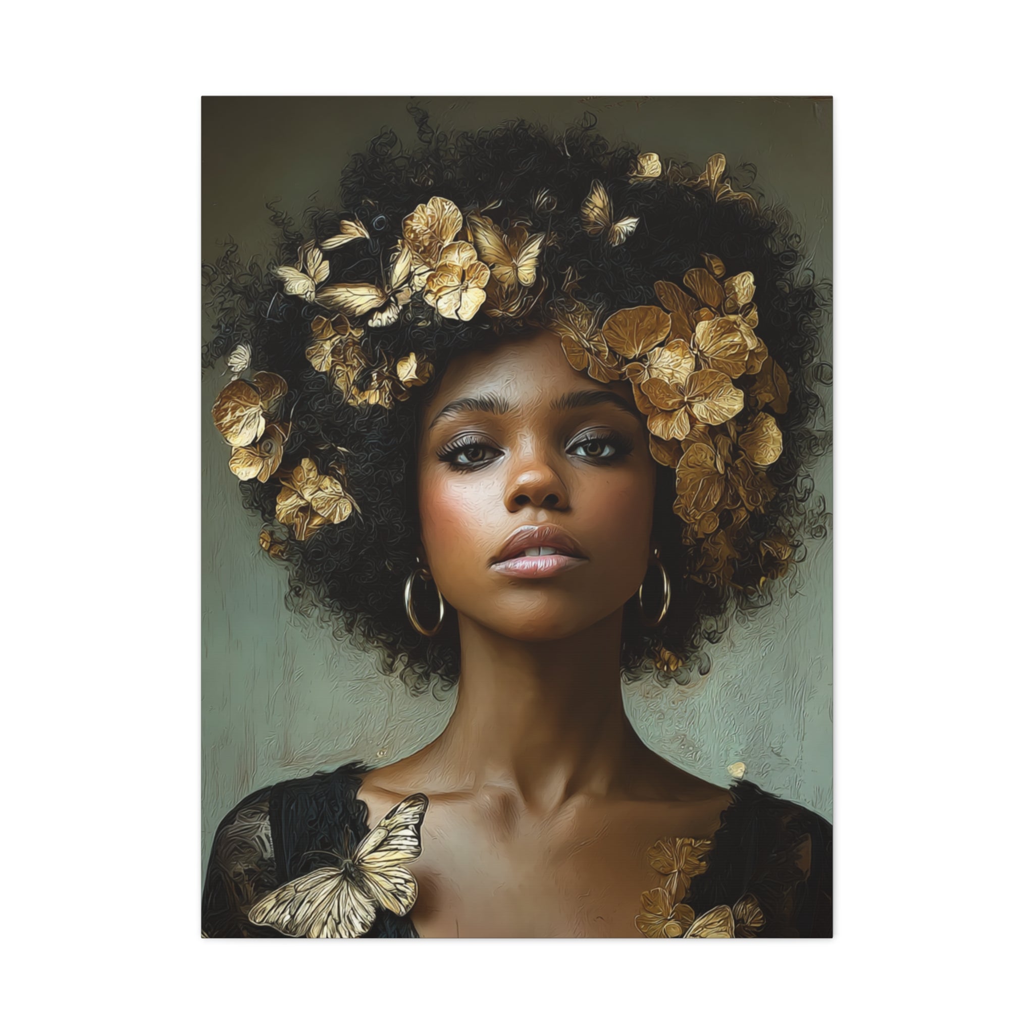 Black Woman Wall Art Canvas – Afro Gold Floral Portrait