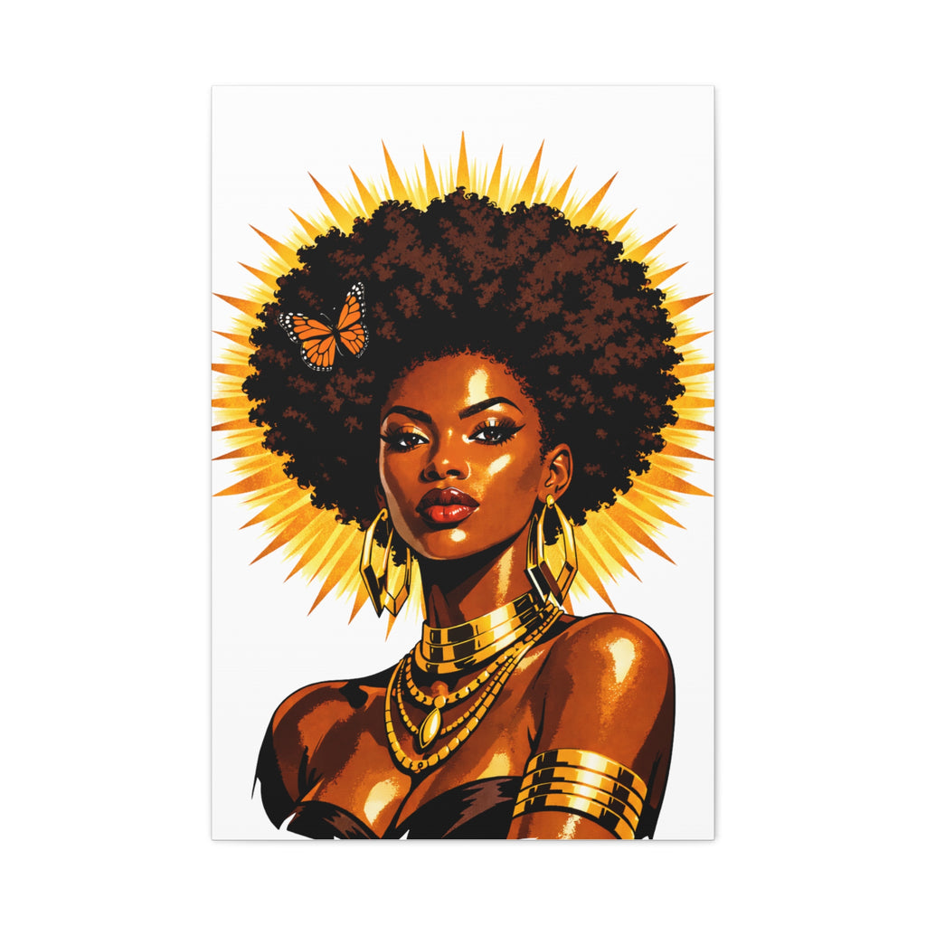 Cuadro de lona Reina Solar – Retrato de mujer afroamericana, arte de diosa de cabello natural, decoración de empoderamiento con halo dorado