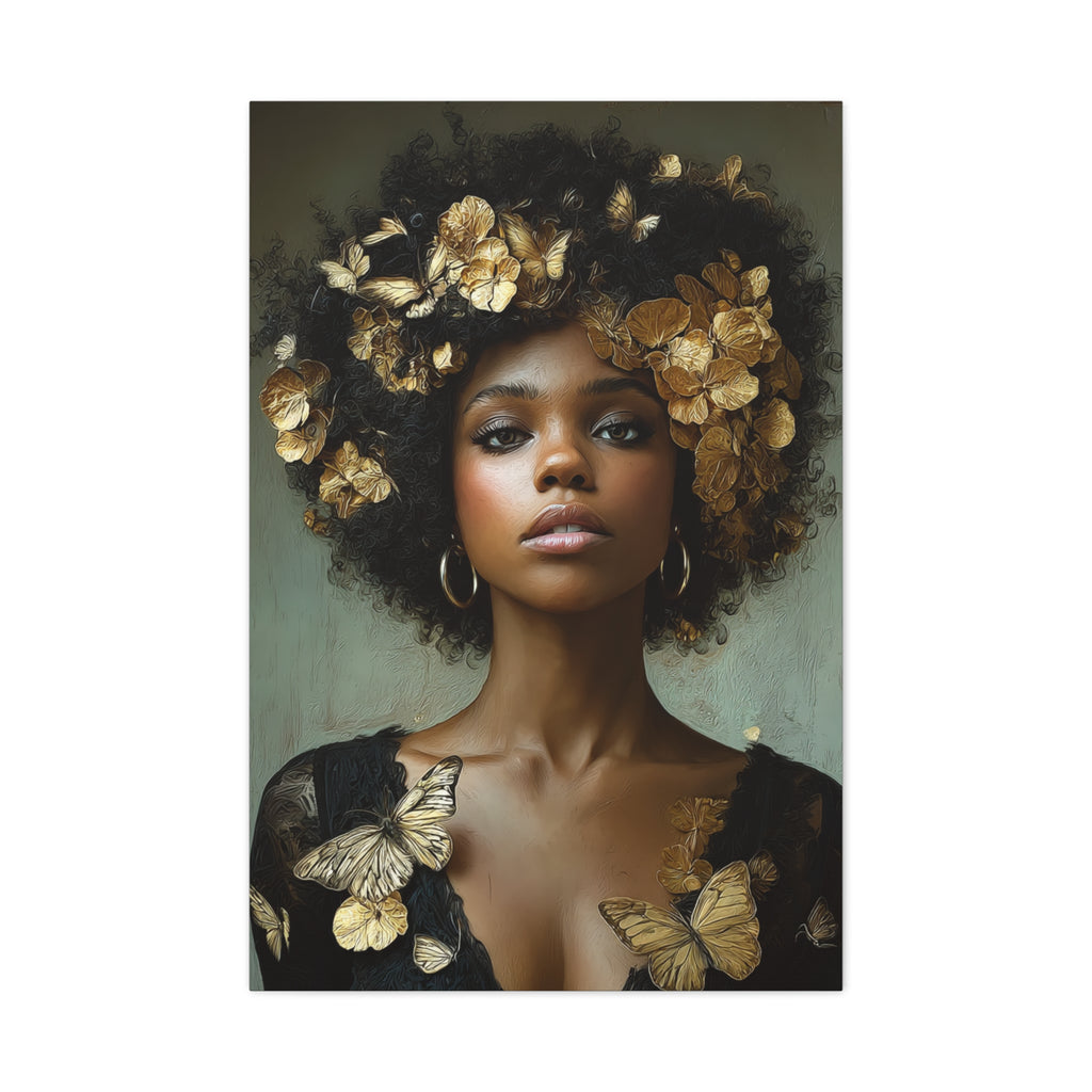 Black Woman Wall Art Canvas – Afro Gold Floral Portrait