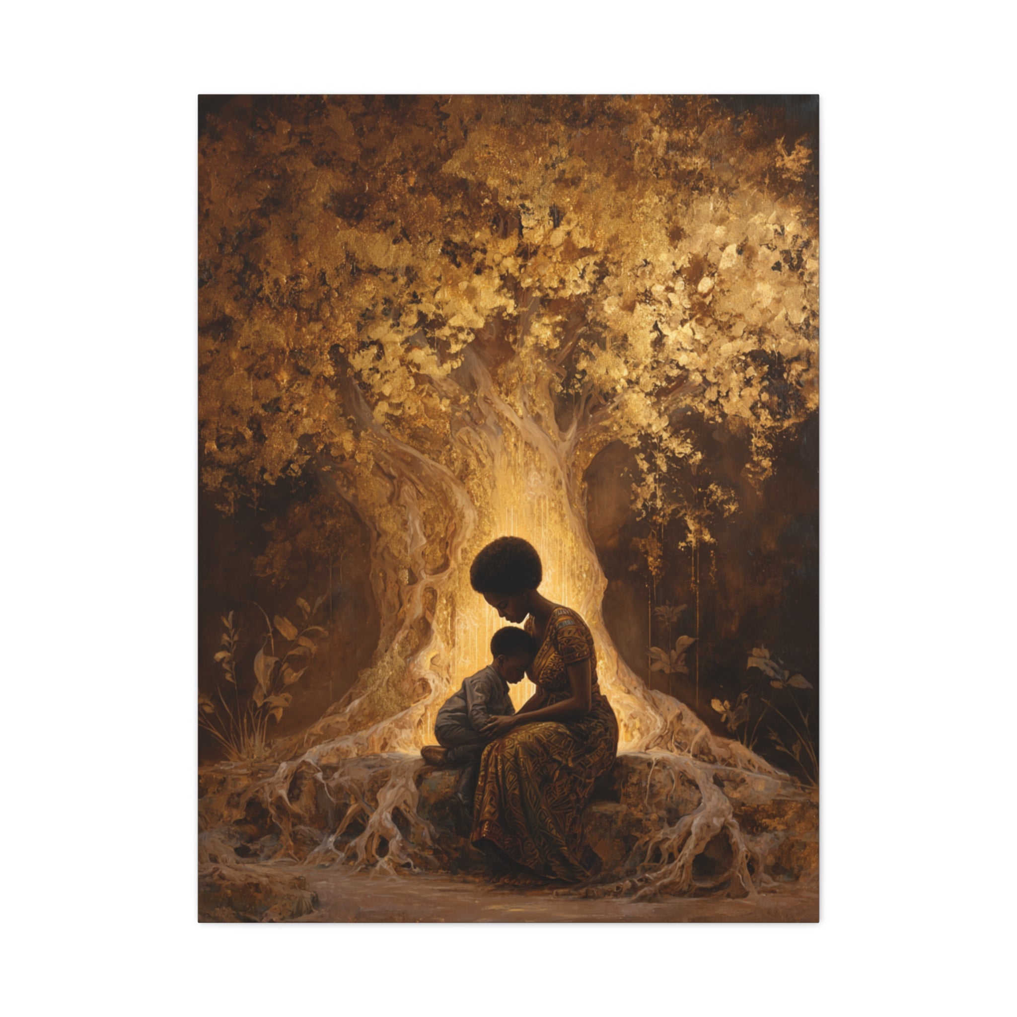 Black Mother and Child Wall Art Canvas Print, African American Motherhood Tree of Life Artwork, Luxury Black Family Canvas Decor, Healing Mother Love Wall Art