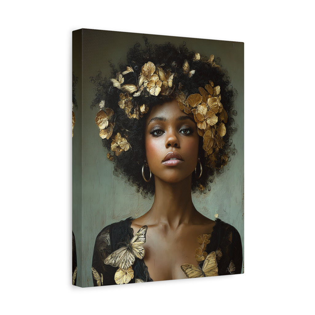Black Woman Wall Art Canvas – Afro Gold Floral Portrait