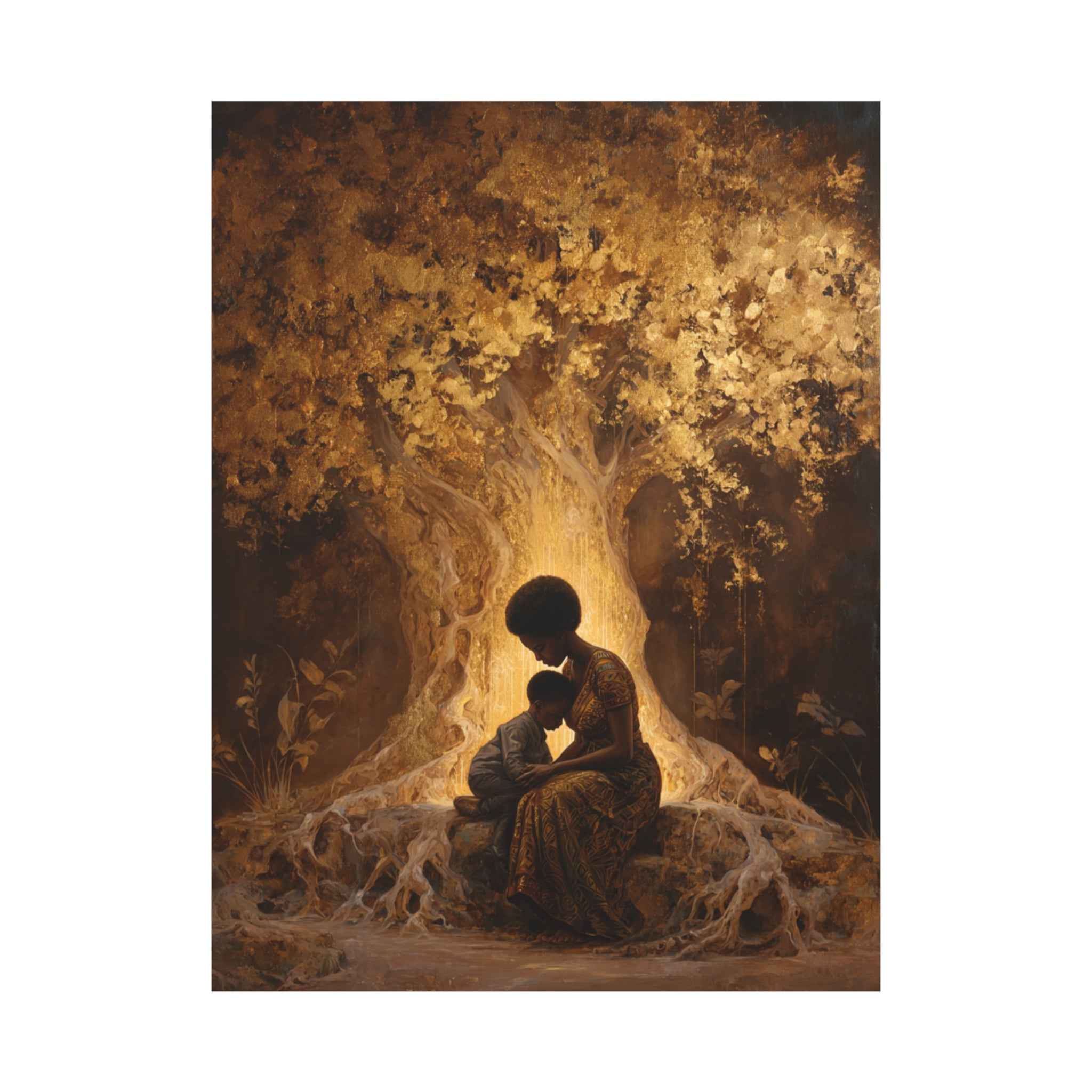 Black Mother and Child Wall Art Canvas Print, African American Motherhood Tree of Life Artwork, Luxury Black Family Canvas Decor, Healing Mother Love Wall Art