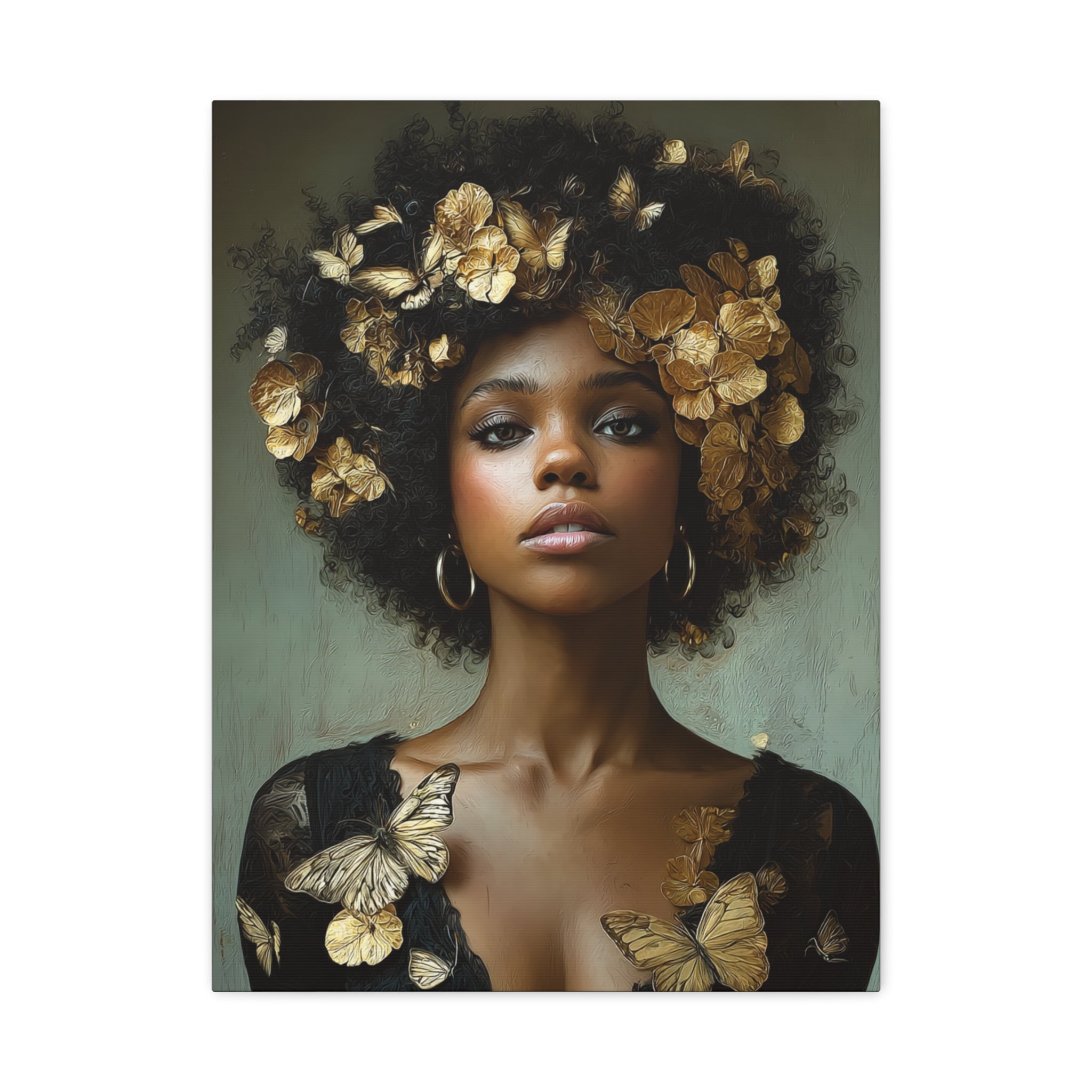 Black Woman Wall Art Canvas – Afro Gold Floral Portrait