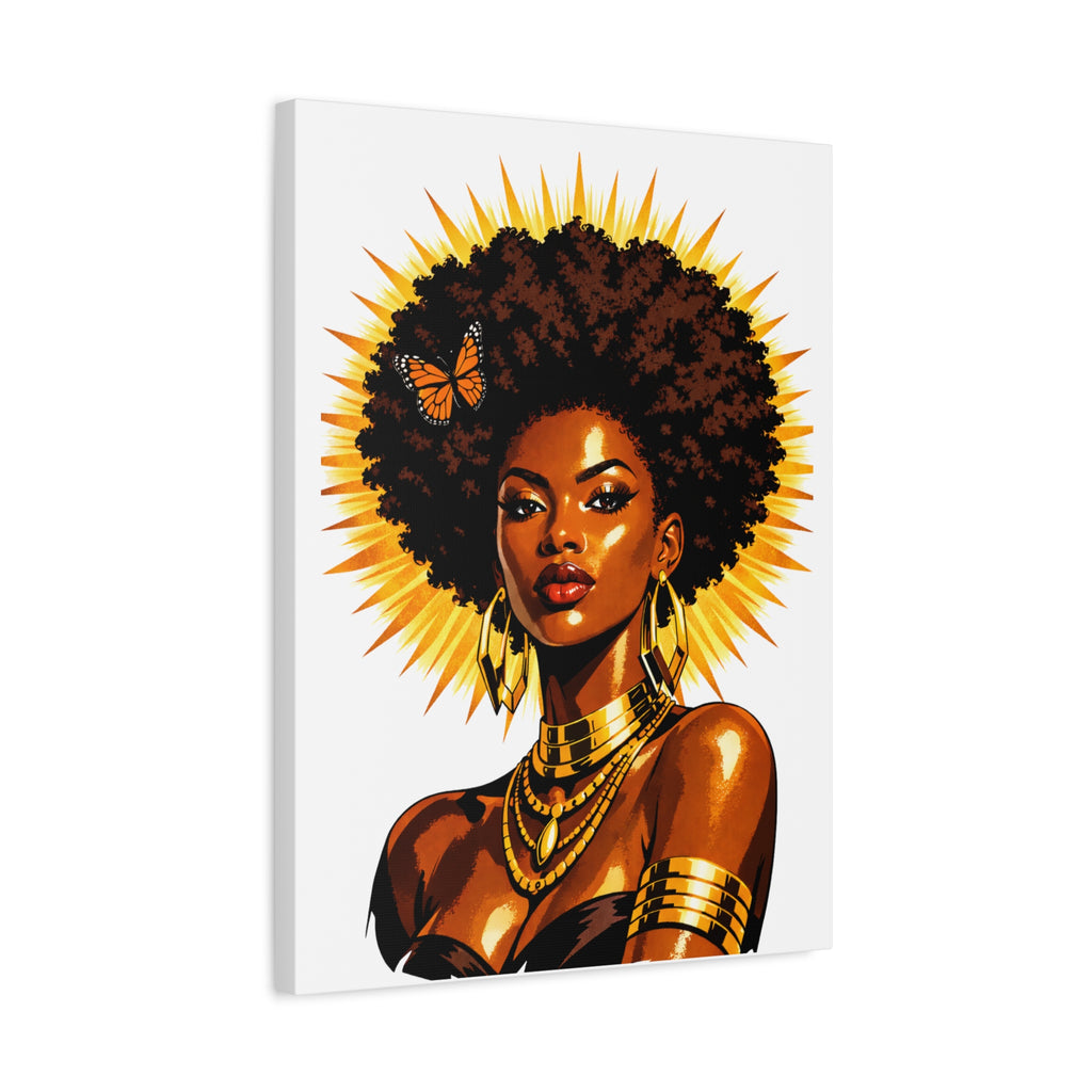 Cuadro de lona Reina Solar – Retrato de mujer afroamericana, arte de diosa de cabello natural, decoración de empoderamiento con halo dorado