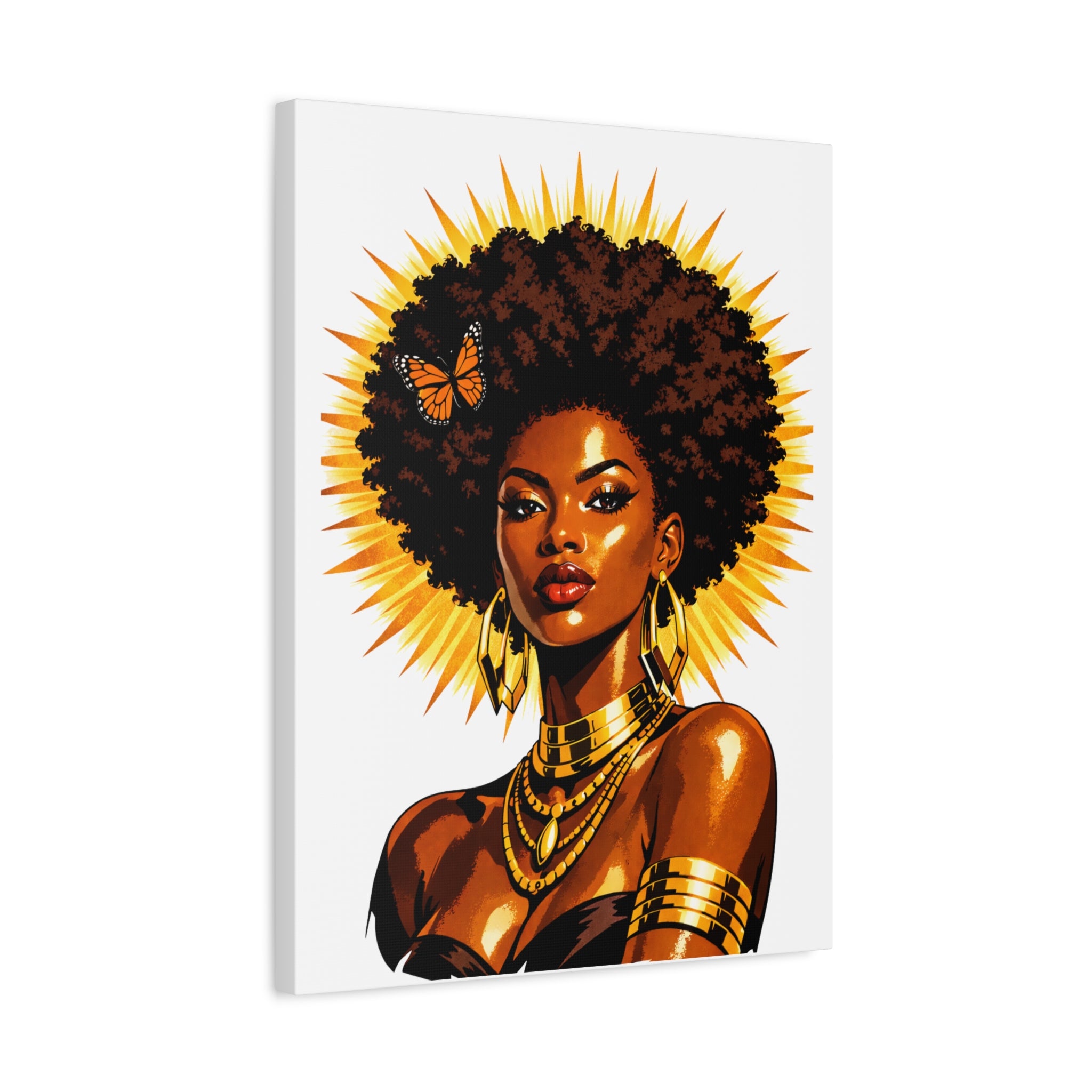 Cuadro de lona Reina Solar – Retrato de mujer afroamericana, arte de diosa de cabello natural, decoración de empoderamiento con halo dorado