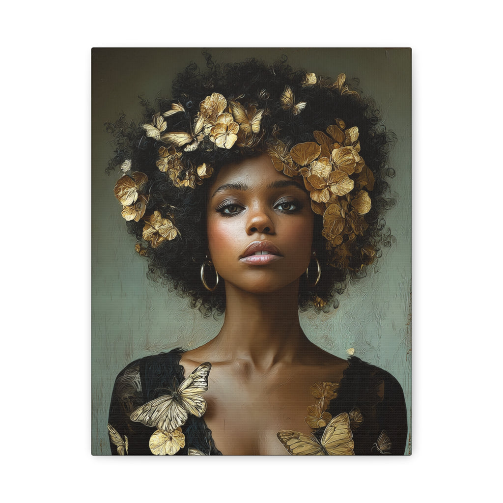 Black Woman Wall Art Canvas – Afro Gold Floral Portrait