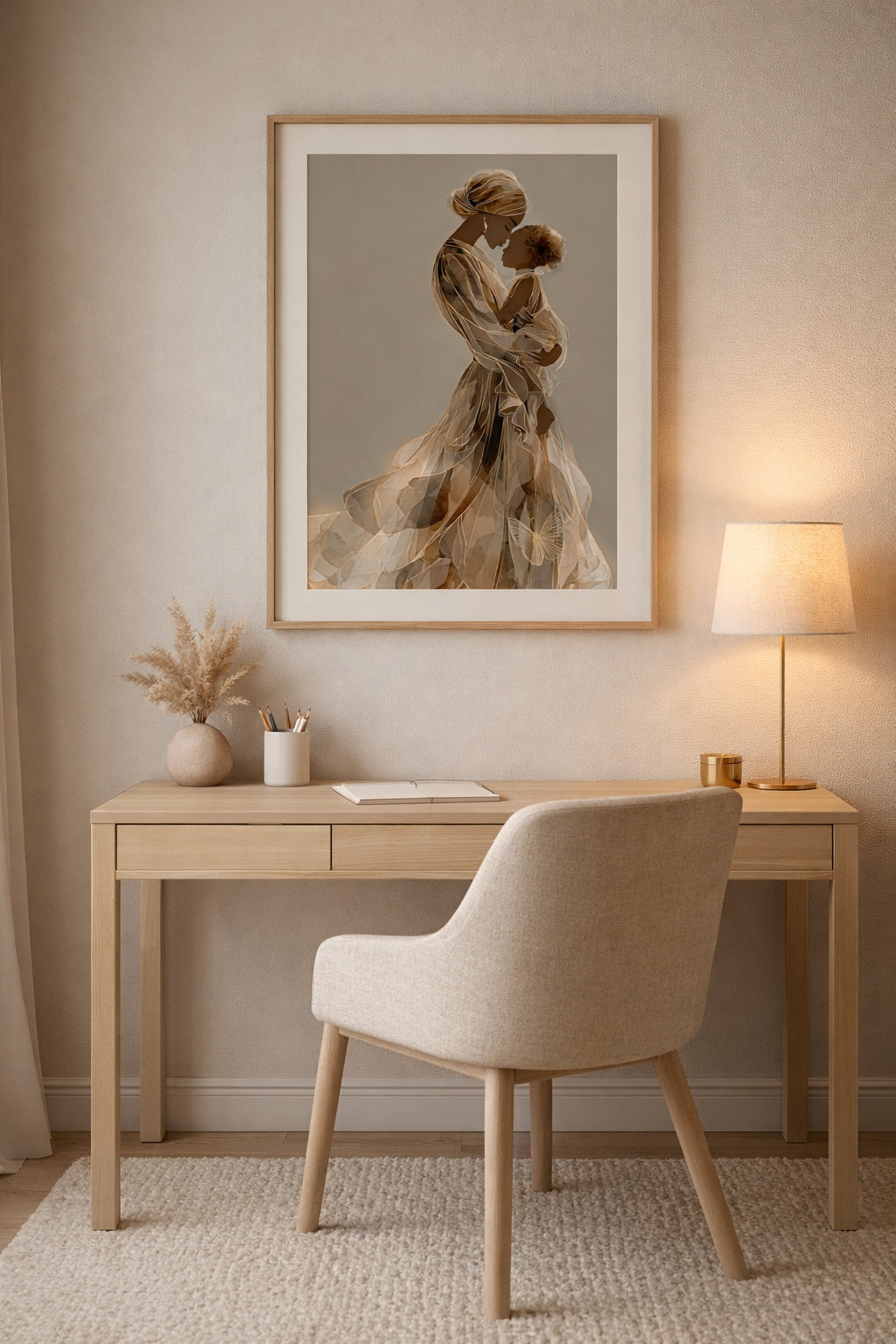 Lámina artística Madre e Hija, Retrato Materno Afrocentrista, Decoración en Tonos Neutros y Dorados