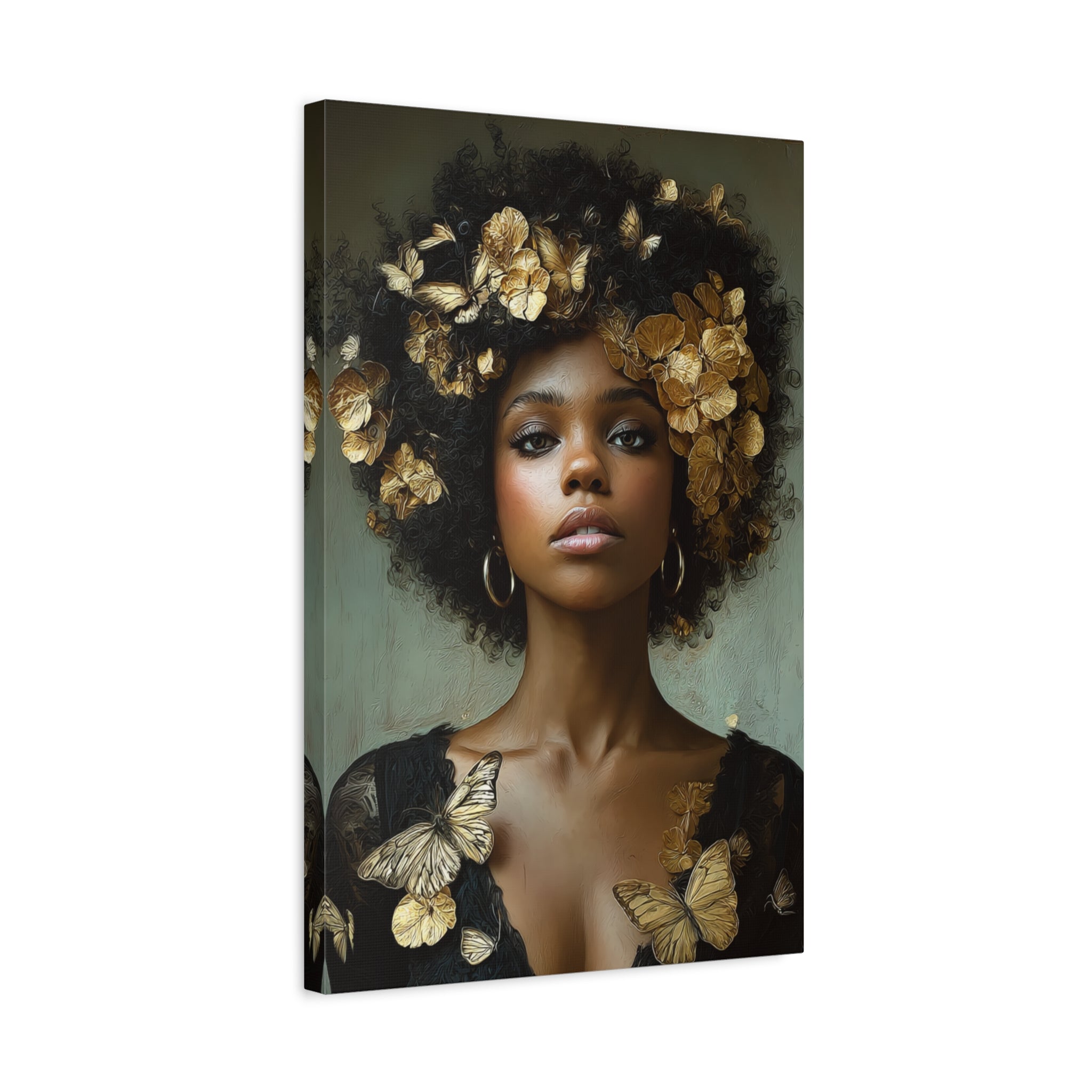 Black Woman Wall Art Canvas – Afro Gold Floral Portrait