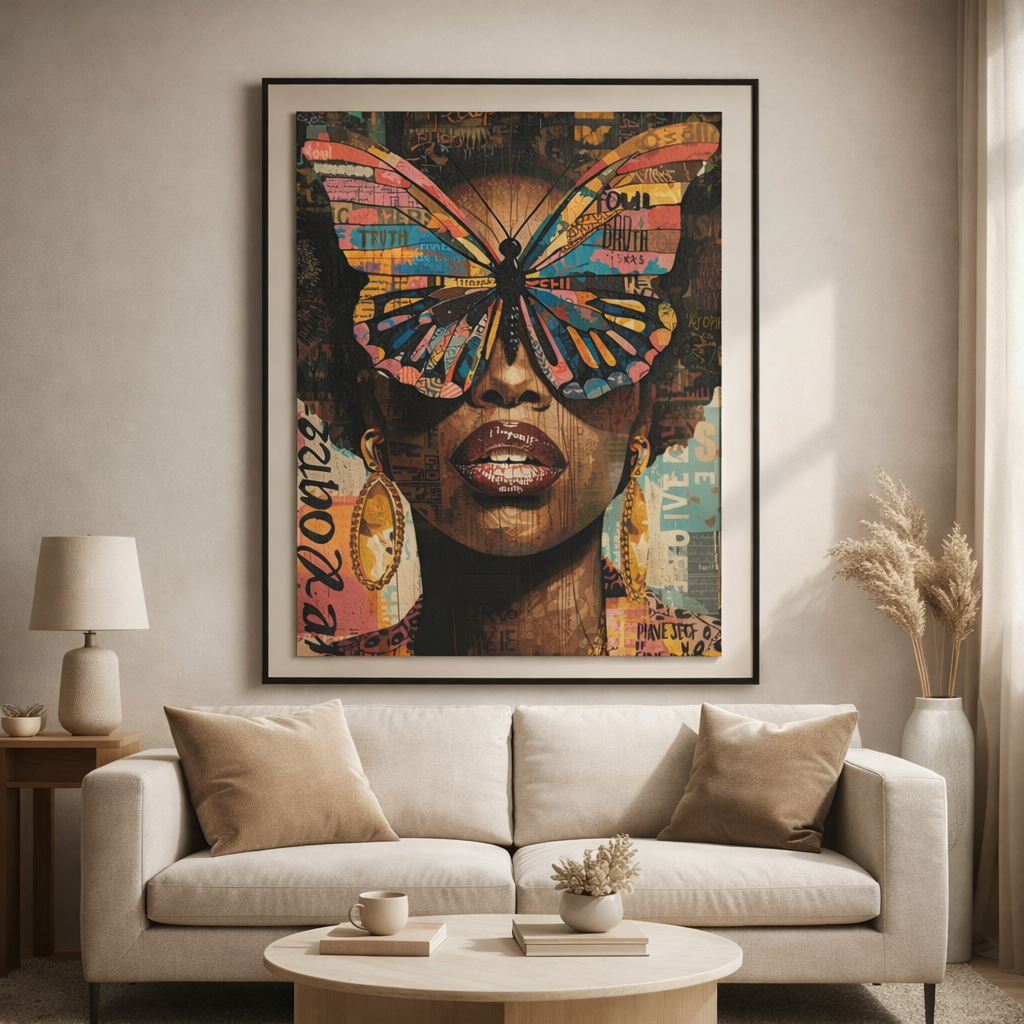 Colorful Butterfly Woman Wall Art Print, Afrocentric Abstract Canvas Art, Large Statement Wall Art, Black Woman Artwork