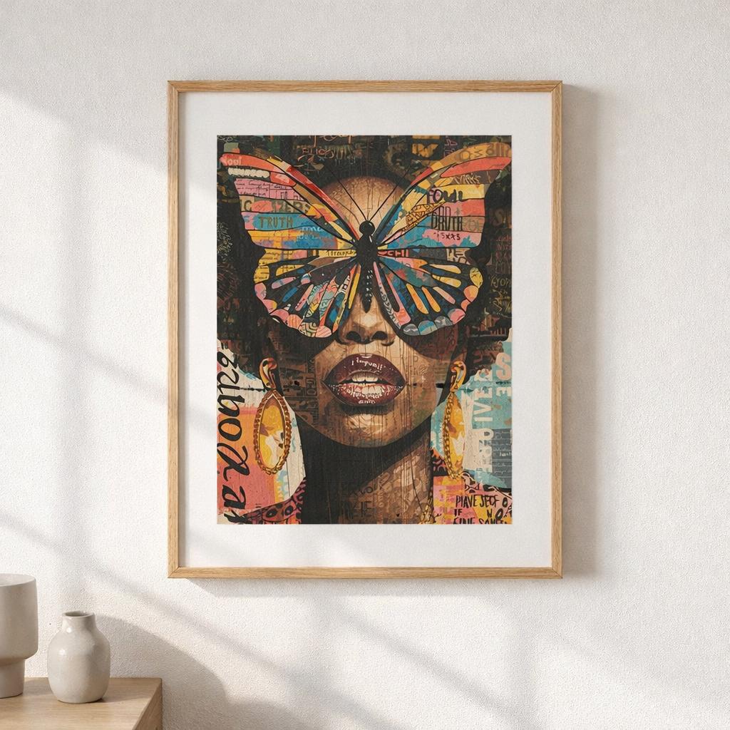 Colorful Butterfly Woman Wall Art Print, Afrocentric Abstract Canvas Art, Large Statement Wall Art, Black Woman Artwork