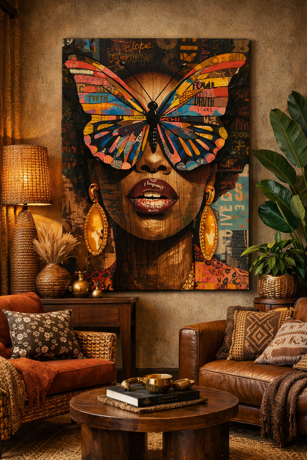 Colorful Butterfly Woman Wall Art Print, Afrocentric Abstract Canvas Art, Large Statement Wall Art, Black Woman Artwork