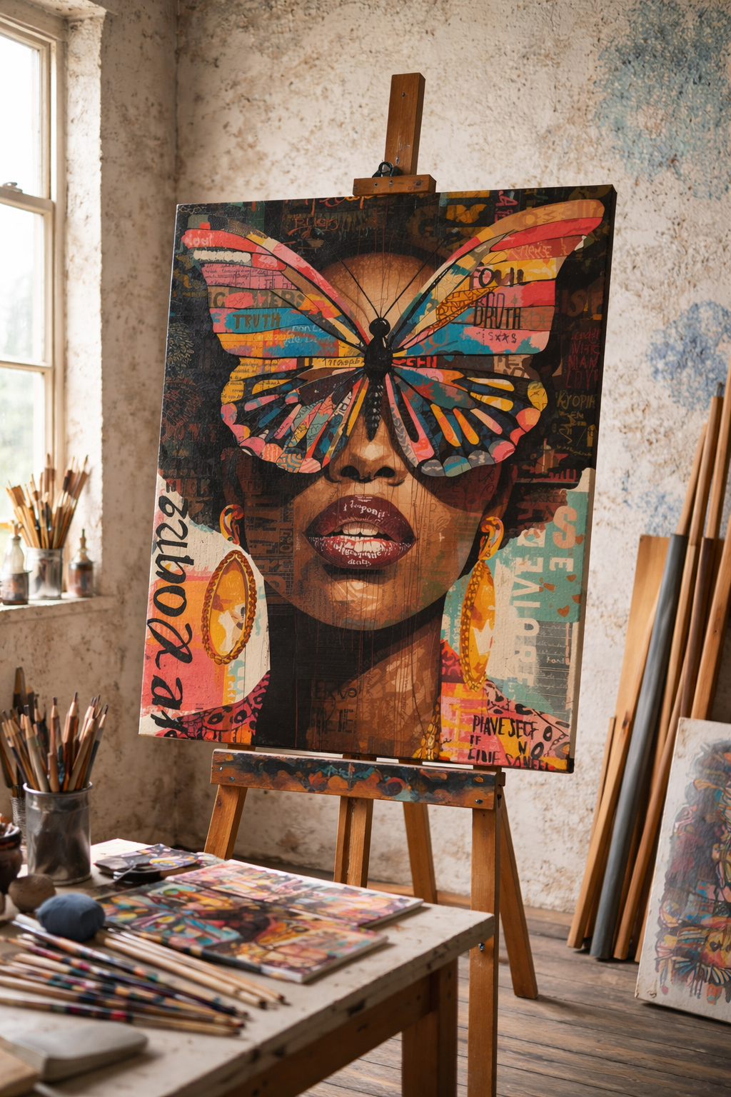 Colorful Butterfly Woman Wall Art Print, Afrocentric Abstract Canvas Art, Large Statement Wall Art, Black Woman Artwork