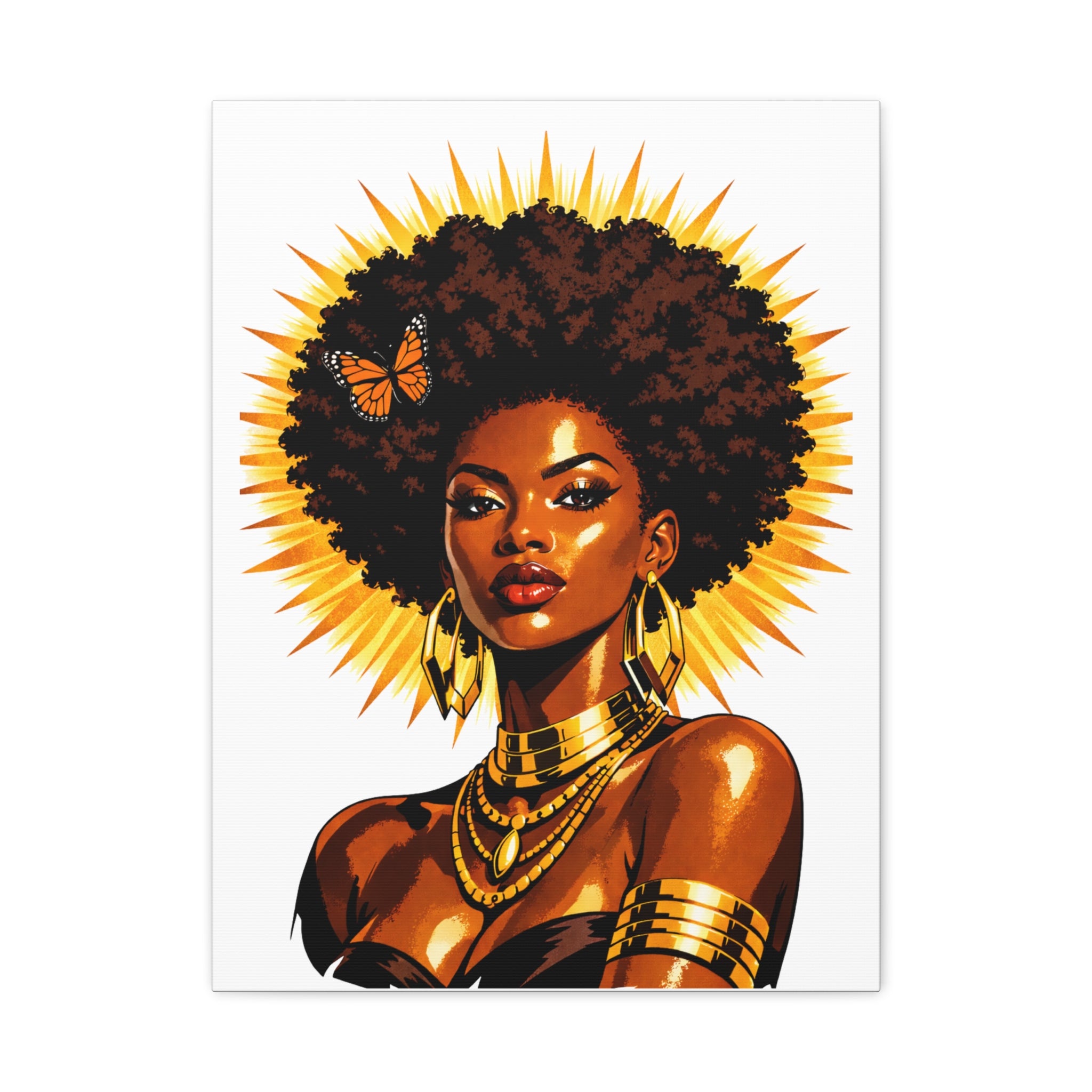 Solar Queen Canvas Wall Art – Afrocentric Black Woman Portrait, Natural Hair Goddess Art, Gold Halo Empowerment Decor
