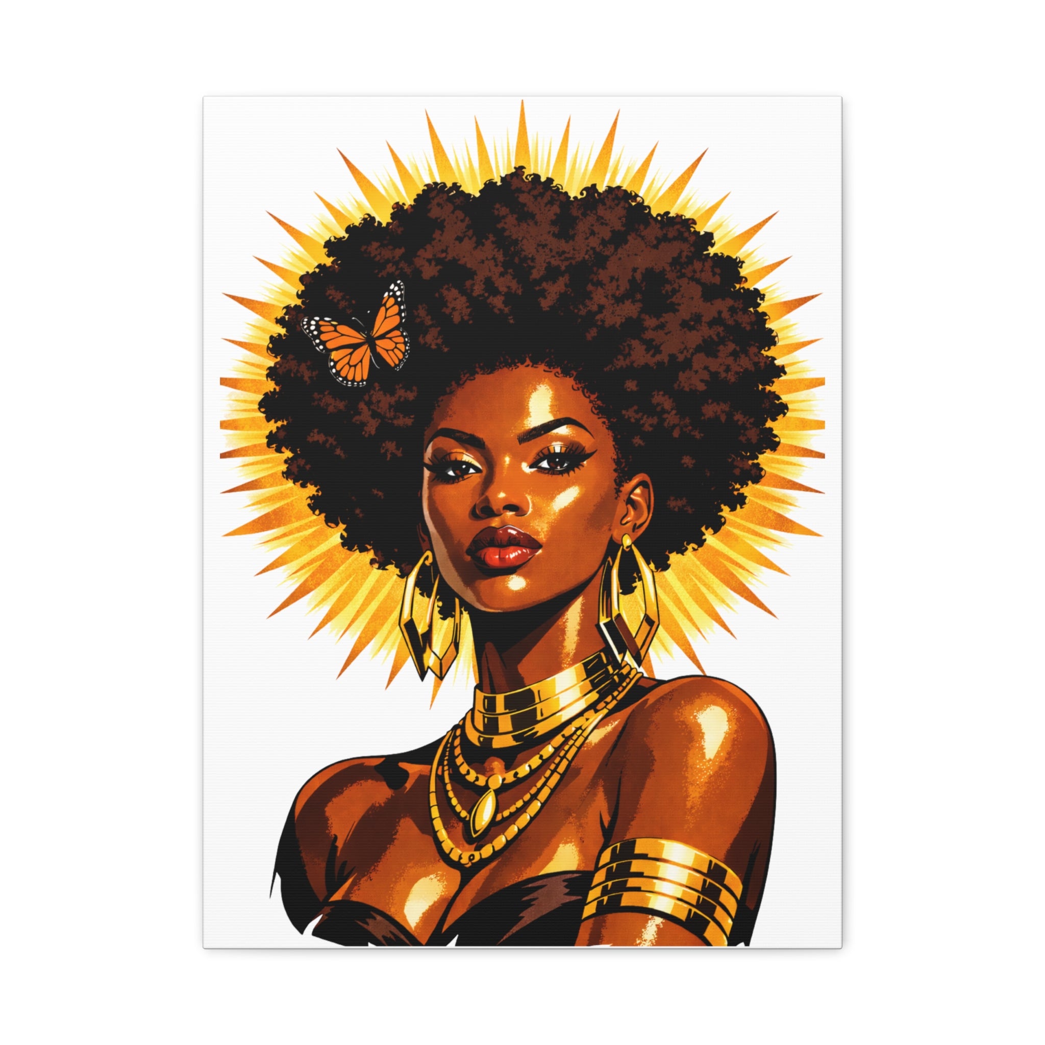 Solar Queen Canvas Wall Art – Afrocentric Black Woman Portrait, Natural Hair Goddess Art, Gold Halo Empowerment Decor
