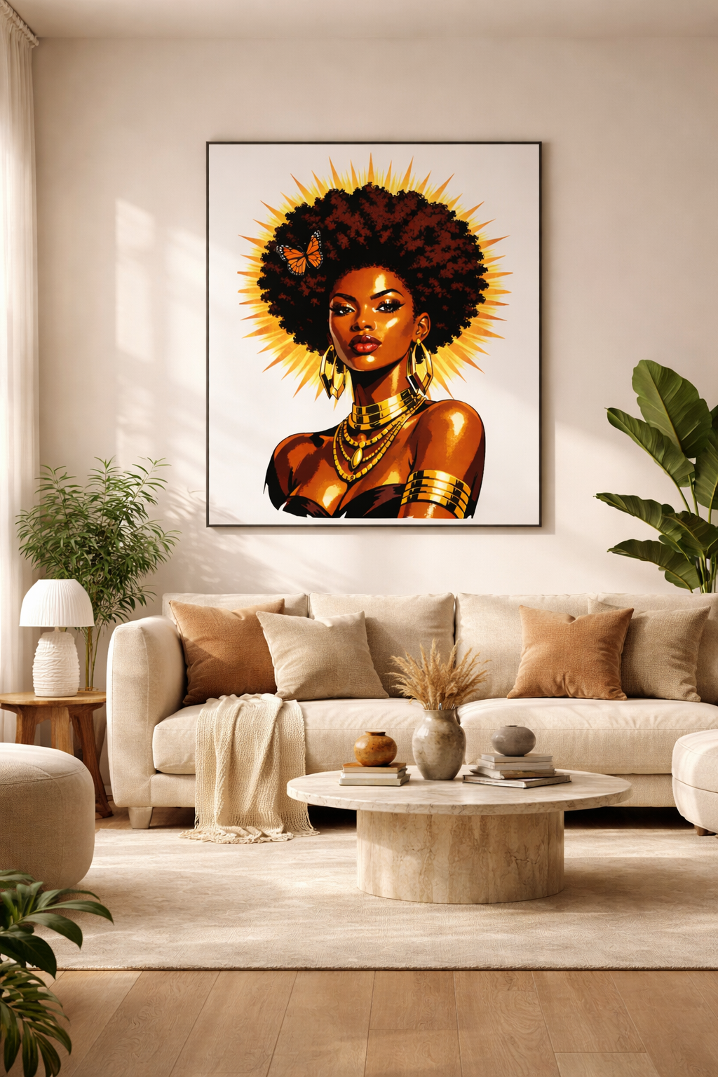 Solar Queen Canvas Wall Art – Afrocentric Black Woman Portrait, Natural Hair Goddess Art, Gold Halo Empowerment Decor