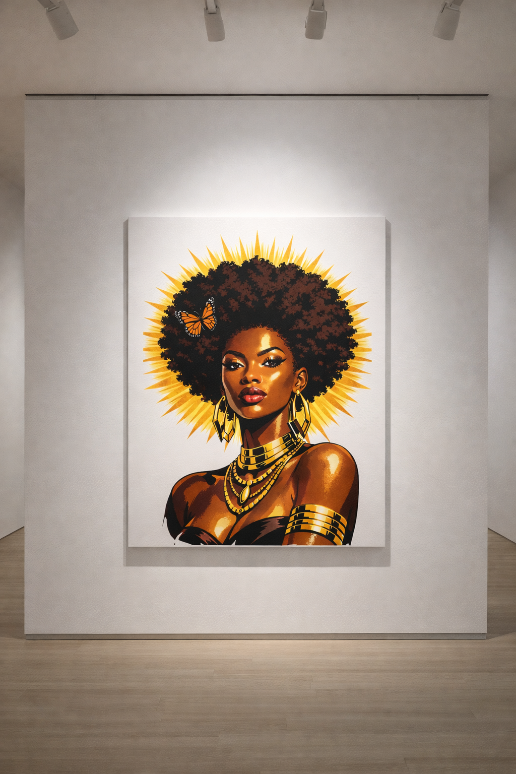 Solar Queen Canvas Wall Art – Afrocentric Black Woman Portrait, Natural Hair Goddess Art, Gold Halo Empowerment Decor