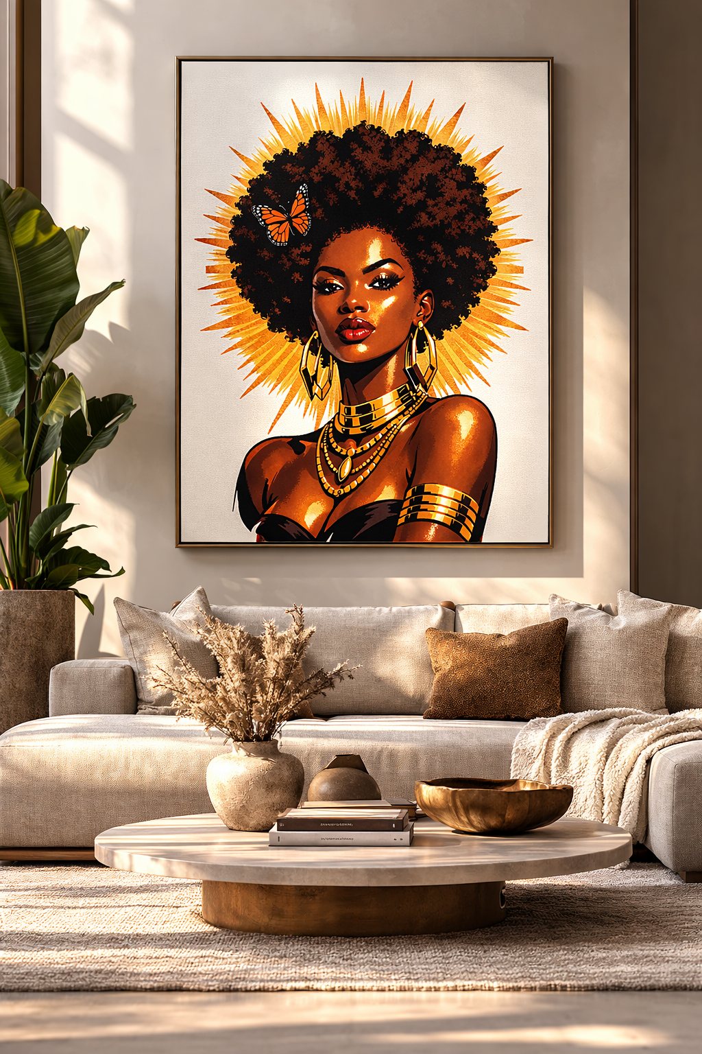 Cuadro de lona Reina Solar – Retrato de mujer afroamericana, arte de diosa de cabello natural, decoración de empoderamiento con halo dorado