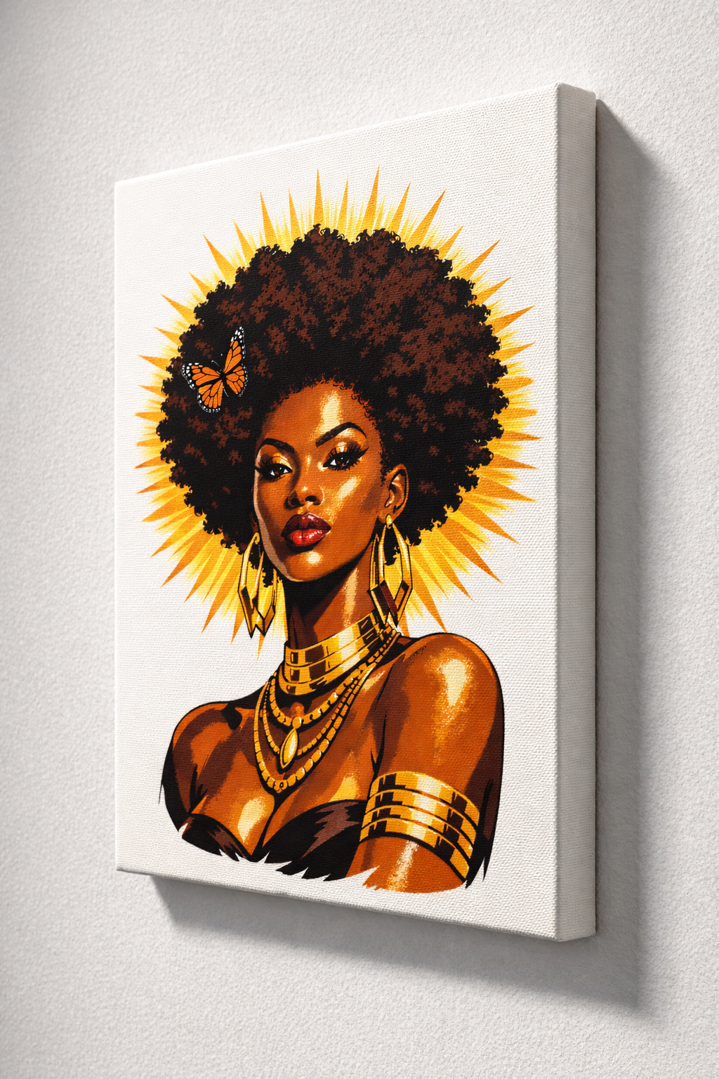 Cuadro de lona Reina Solar – Retrato de mujer afroamericana, arte de diosa de cabello natural, decoración de empoderamiento con halo dorado