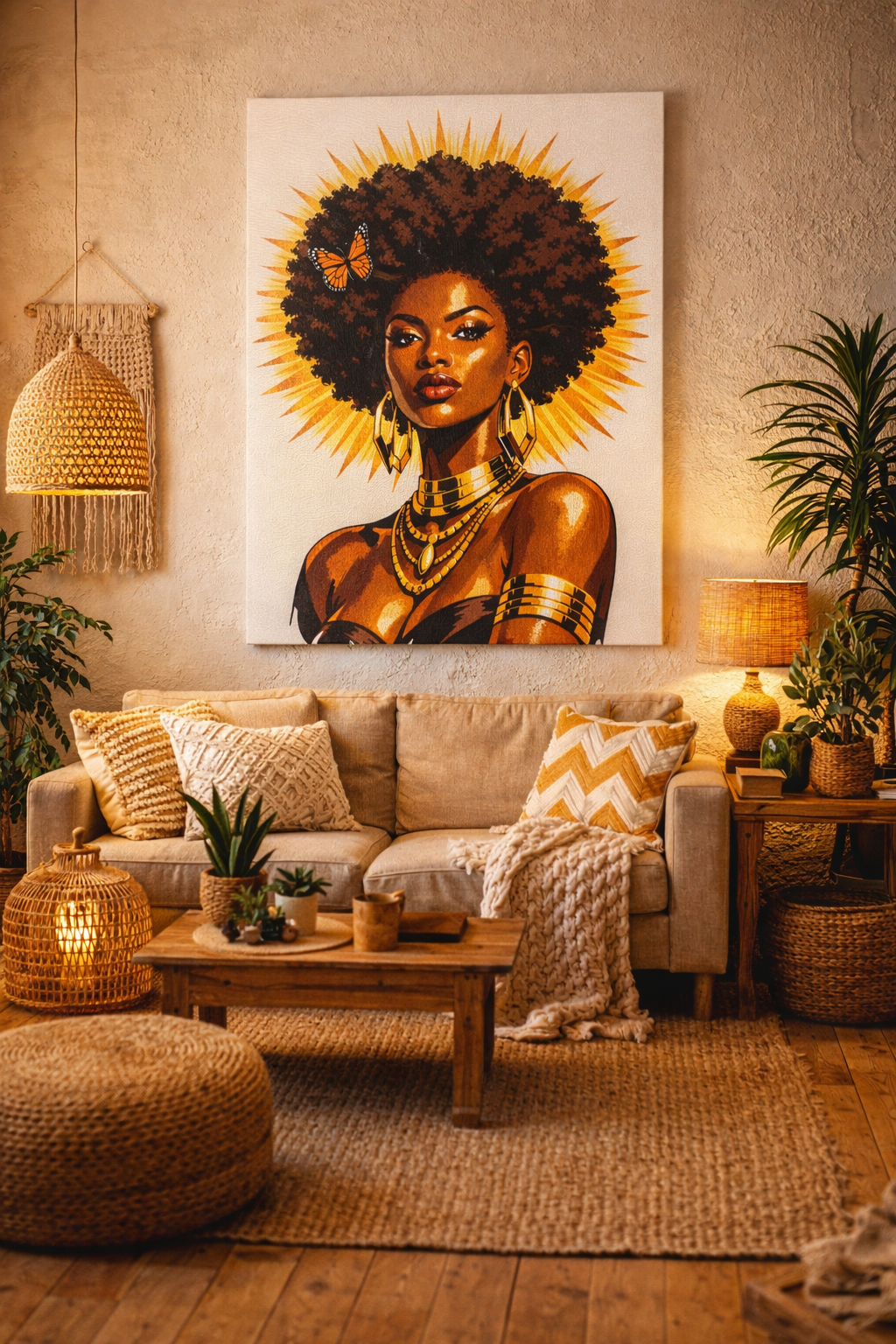 Solar Queen Canvas Wall Art – Afrocentric Black Woman Portrait, Natural Hair Goddess Art, Gold Halo Empowerment Decor