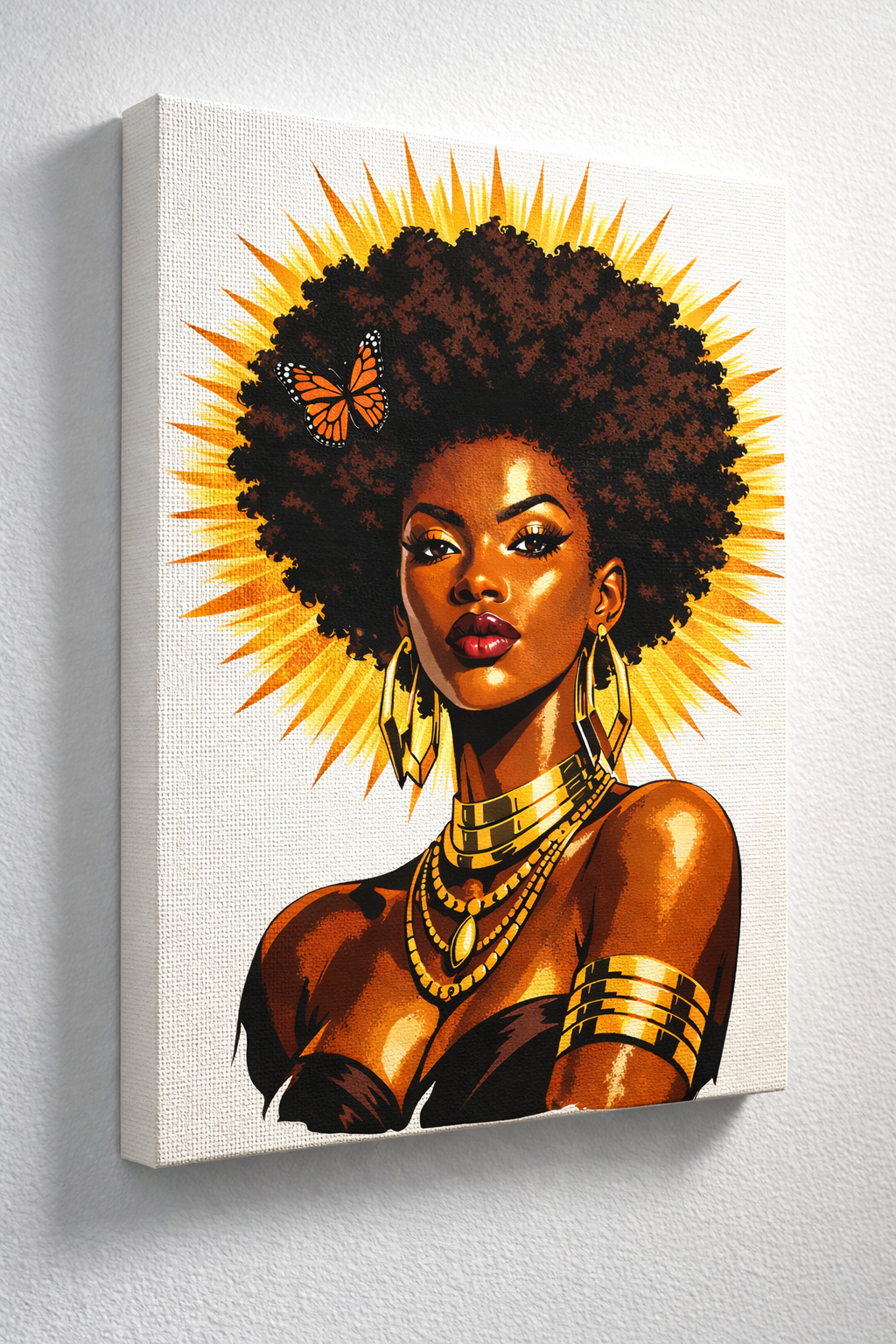 Cuadro de lona Reina Solar – Retrato de mujer afroamericana, arte de diosa de cabello natural, decoración de empoderamiento con halo dorado