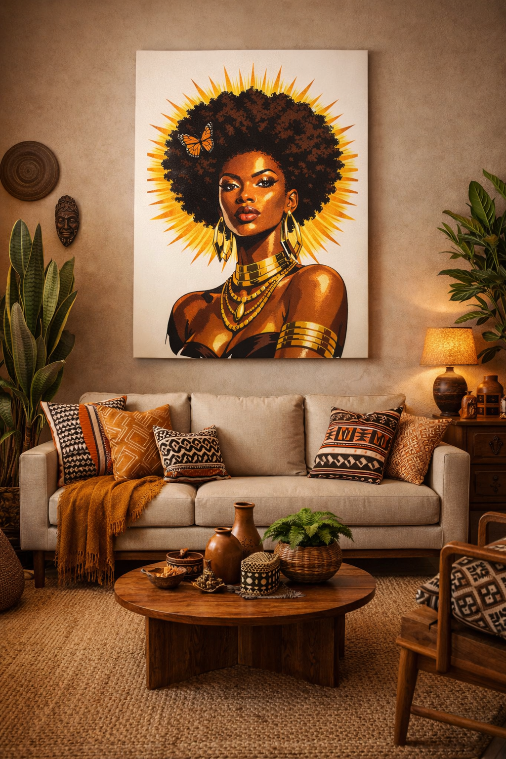 Solar Queen Canvas Wall Art – Afrocentric Black Woman Portrait, Natural Hair Goddess Art, Gold Halo Empowerment Decor