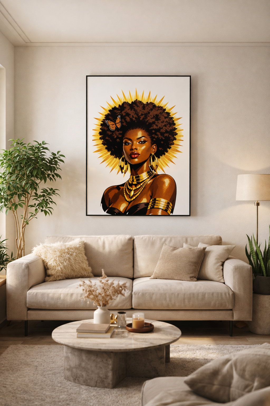 Solar Queen Poster – Afrocentric Black Woman Wall Art, Natural Hair Queen Portrait, Gold Halo Empowerment Art Print