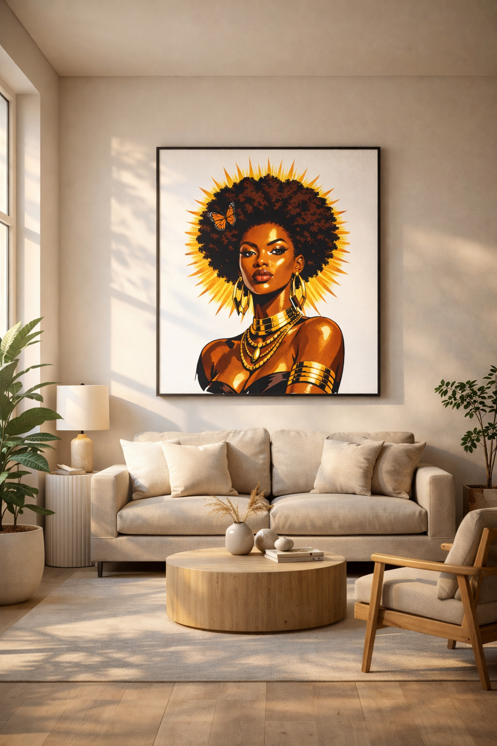 Solar Queen Poster – Afrocentric Black Woman Wall Art, Natural Hair Queen Portrait, Gold Halo Empowerment Art Print