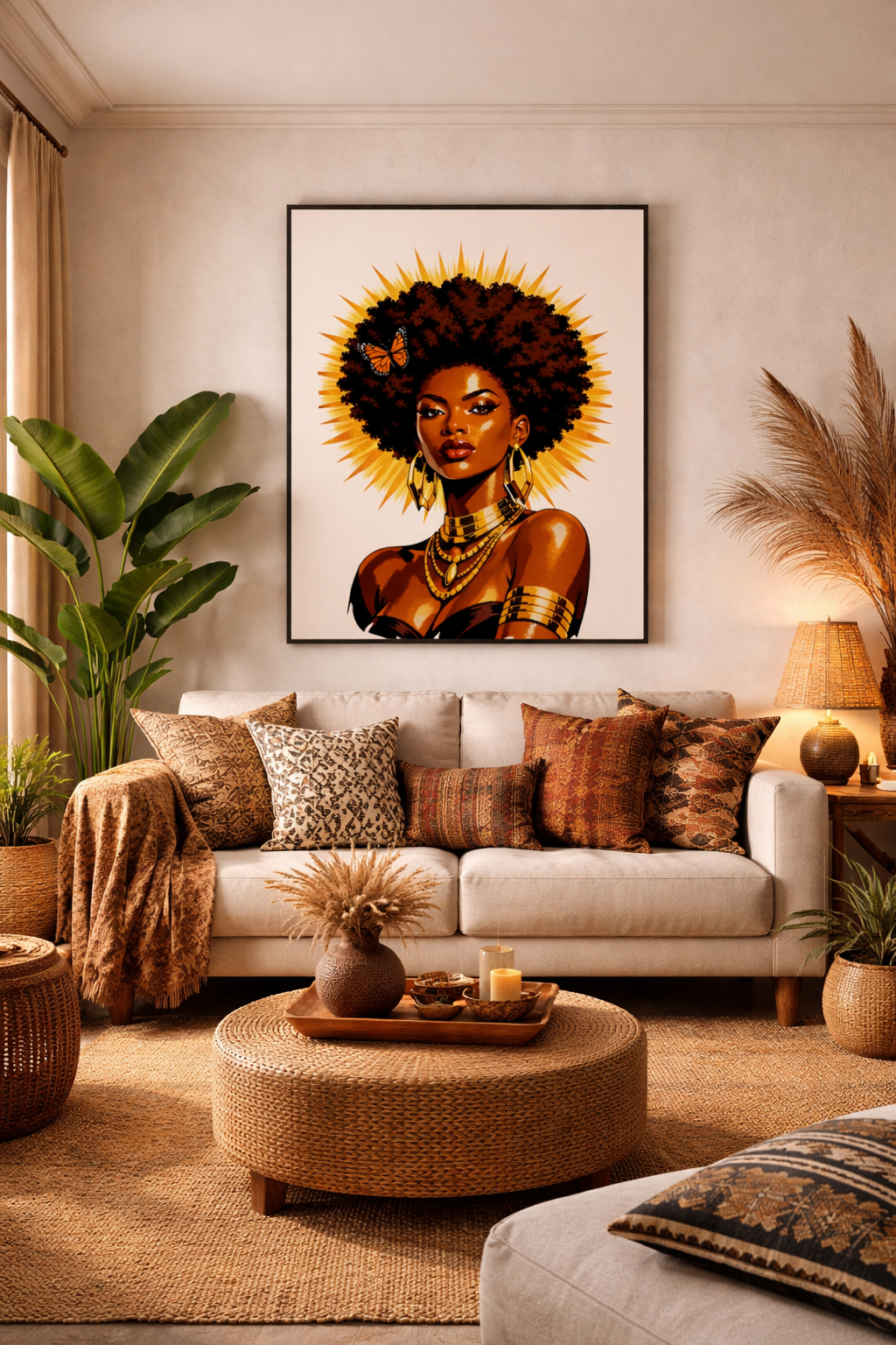 Solar Queen Poster – Afrocentric Black Woman Wall Art, Natural Hair Queen Portrait, Gold Halo Empowerment Art Print