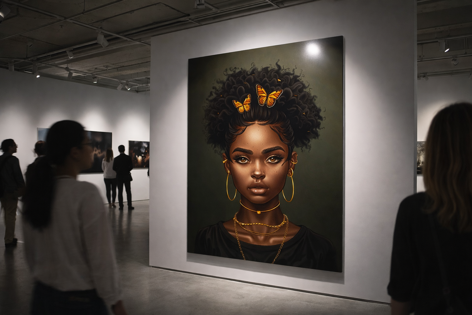 Butterfly Crown – Afro Woman Portrait Metal Wall Art, Black Woman Digital Art Print, Modern Afrocentric Wall Decor, Butterfly Transformation Artwork