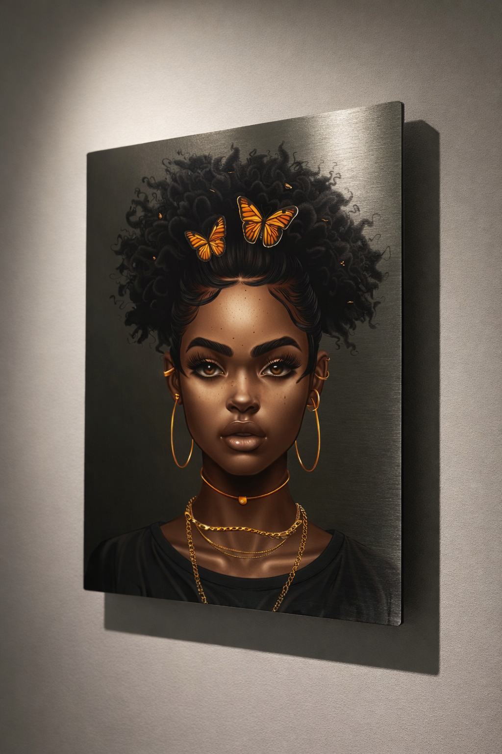 Butterfly Crown – Afro Woman Portrait Metal Wall Art, Black Woman Digital Art Print, Modern Afrocentric Wall Decor, Butterfly Transformation Artwork