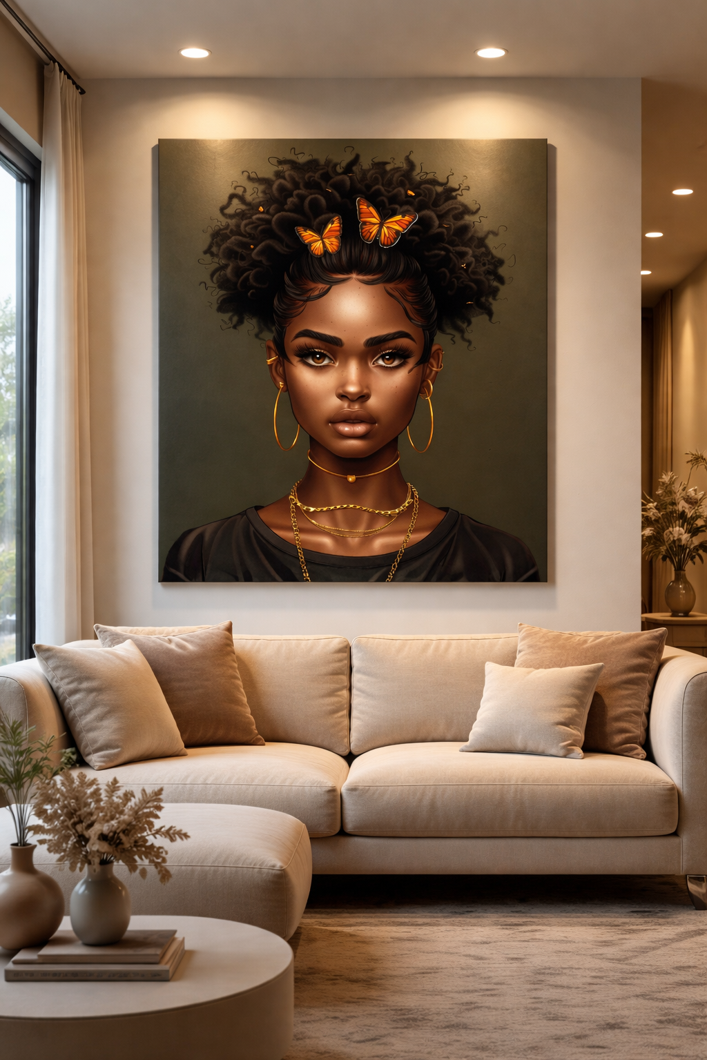 Butterfly Crown – Afro Woman Portrait Metal Wall Art, Black Woman Digital Art Print, Modern Afrocentric Wall Decor, Butterfly Transformation Artwork