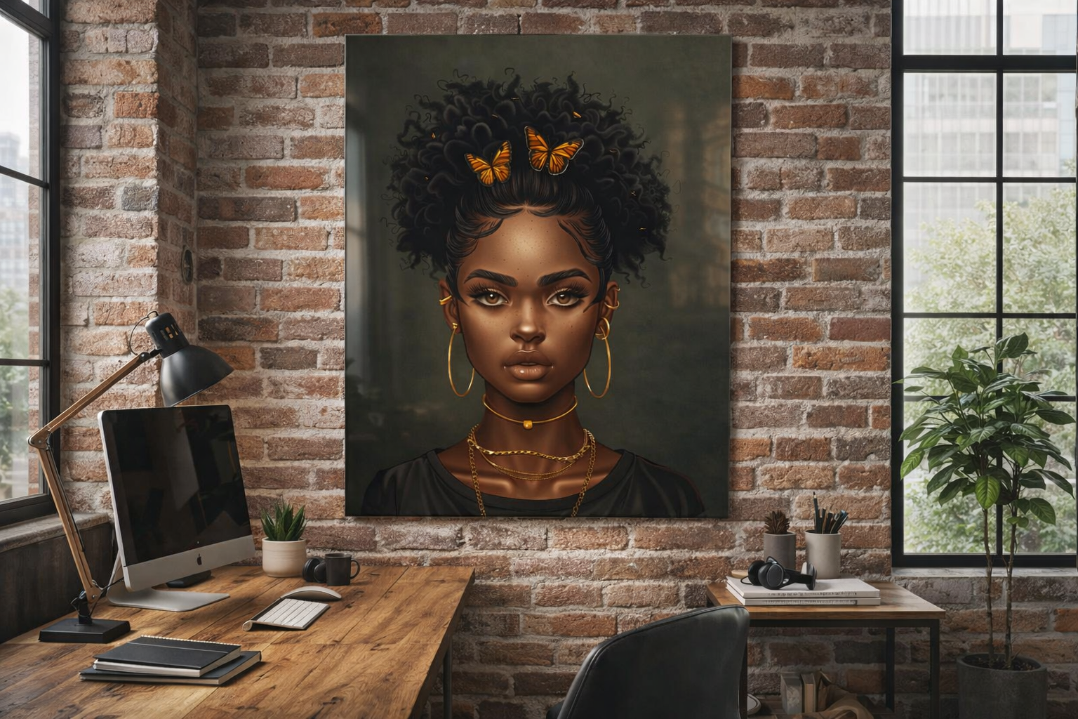 Butterfly Crown – Afro Woman Portrait Metal Wall Art, Black Woman Digital Art Print, Modern Afrocentric Wall Decor, Butterfly Transformation Artwork