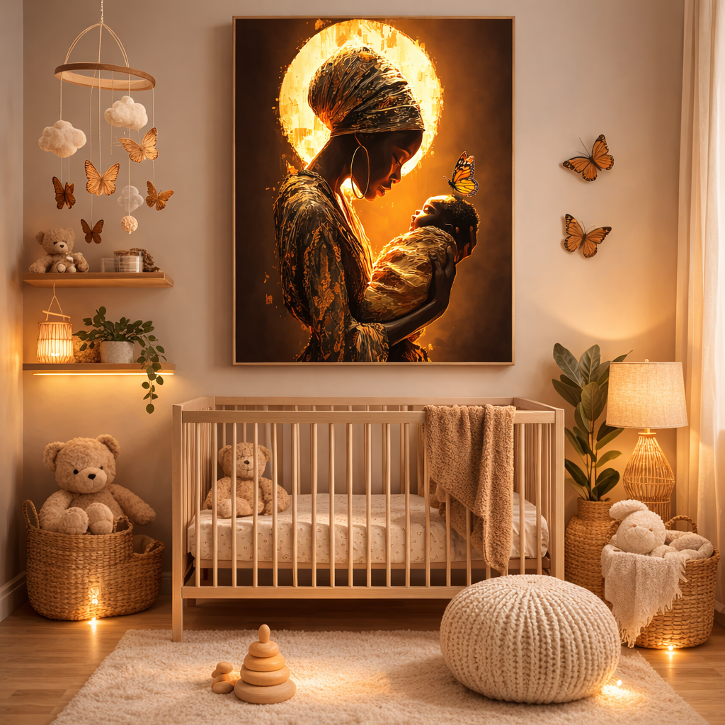 Sacred Motherhood Wall Art Print, Black Mother and Baby Canvas, African American Motherhood Art, Butterfly Symbolism, Spiritual Nursery Decor
