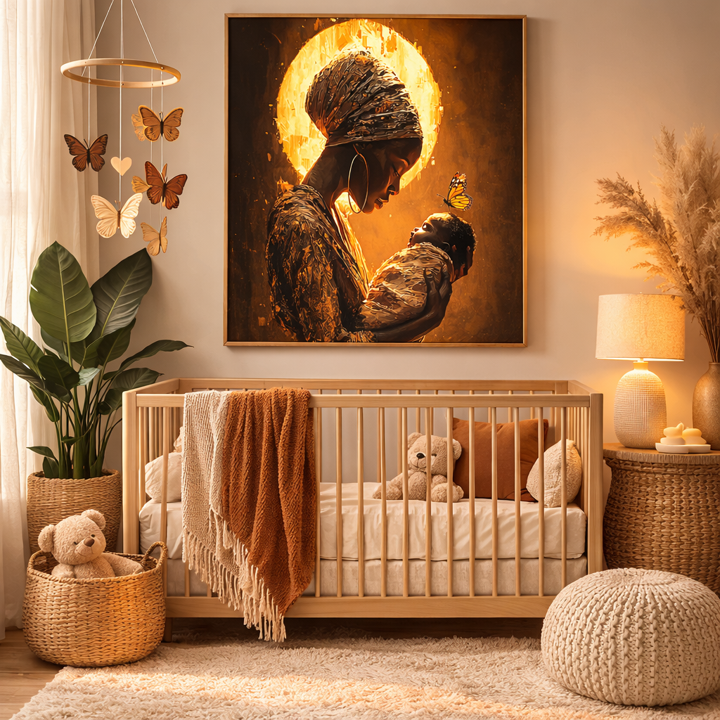 Sacred Motherhood Wall Art Print, Black Mother and Baby Canvas, African American Motherhood Art, Butterfly Symbolism, Spiritual Nursery Decor
