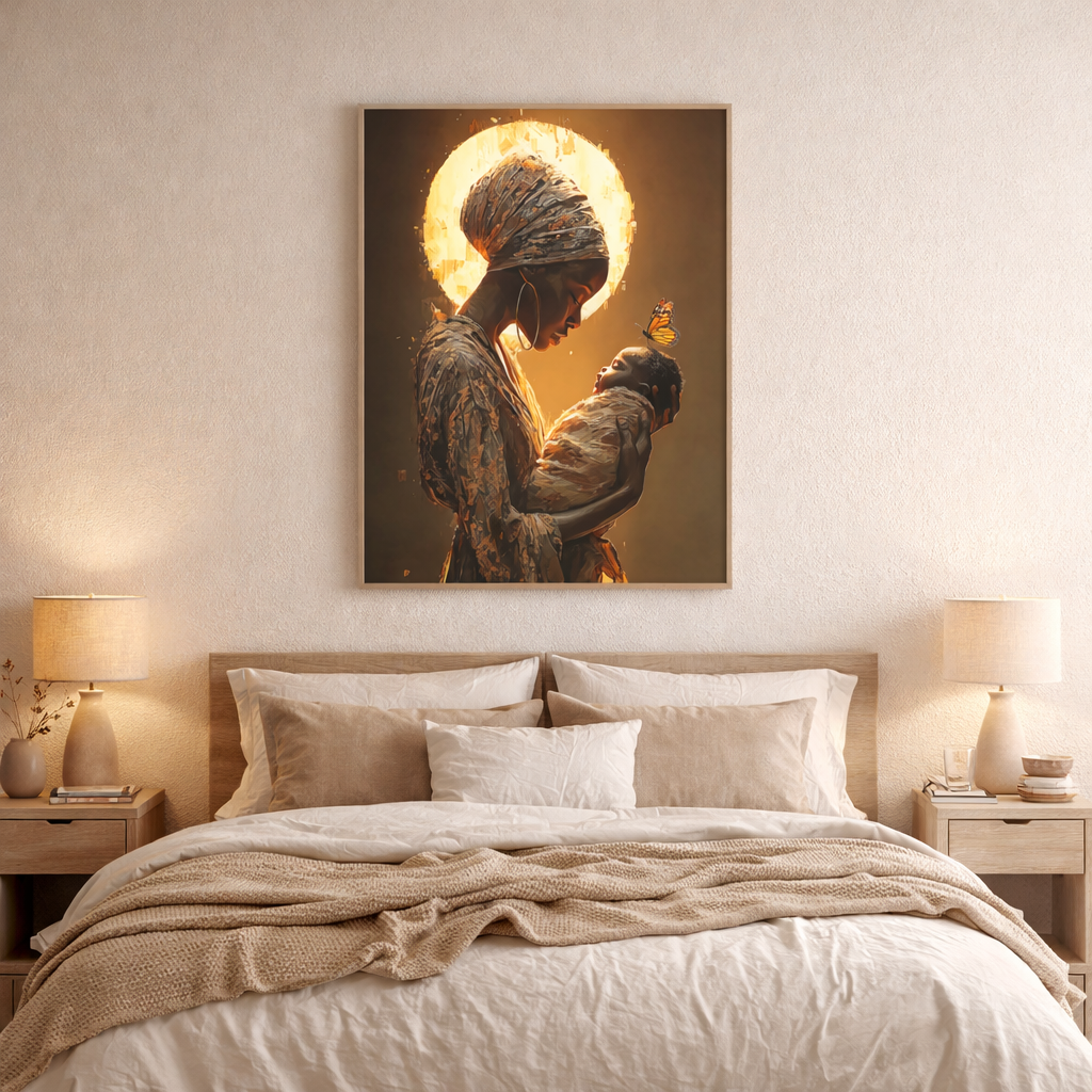 Sacred Motherhood Wall Art Print, Black Mother and Baby Canvas, African American Motherhood Art, Butterfly Symbolism, Spiritual Nursery Decor