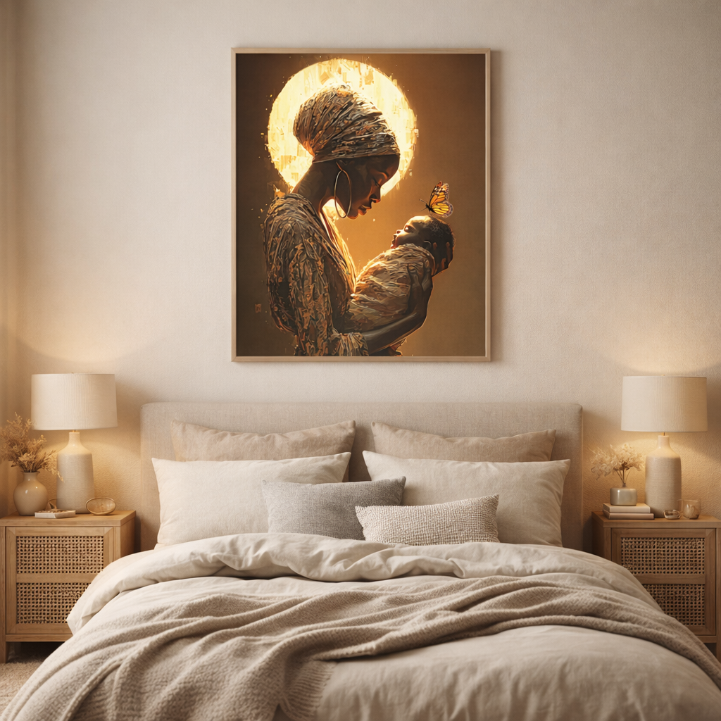 Sacred Motherhood Wall Art Print, Black Mother and Baby Canvas, African American Motherhood Art, Butterfly Symbolism, Spiritual Nursery Decor