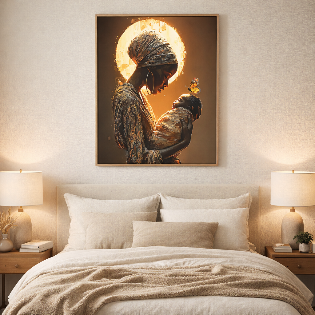 Sacred Motherhood Wall Art Print, Black Mother and Baby Canvas, African American Motherhood Art, Butterfly Symbolism, Spiritual Nursery Decor
