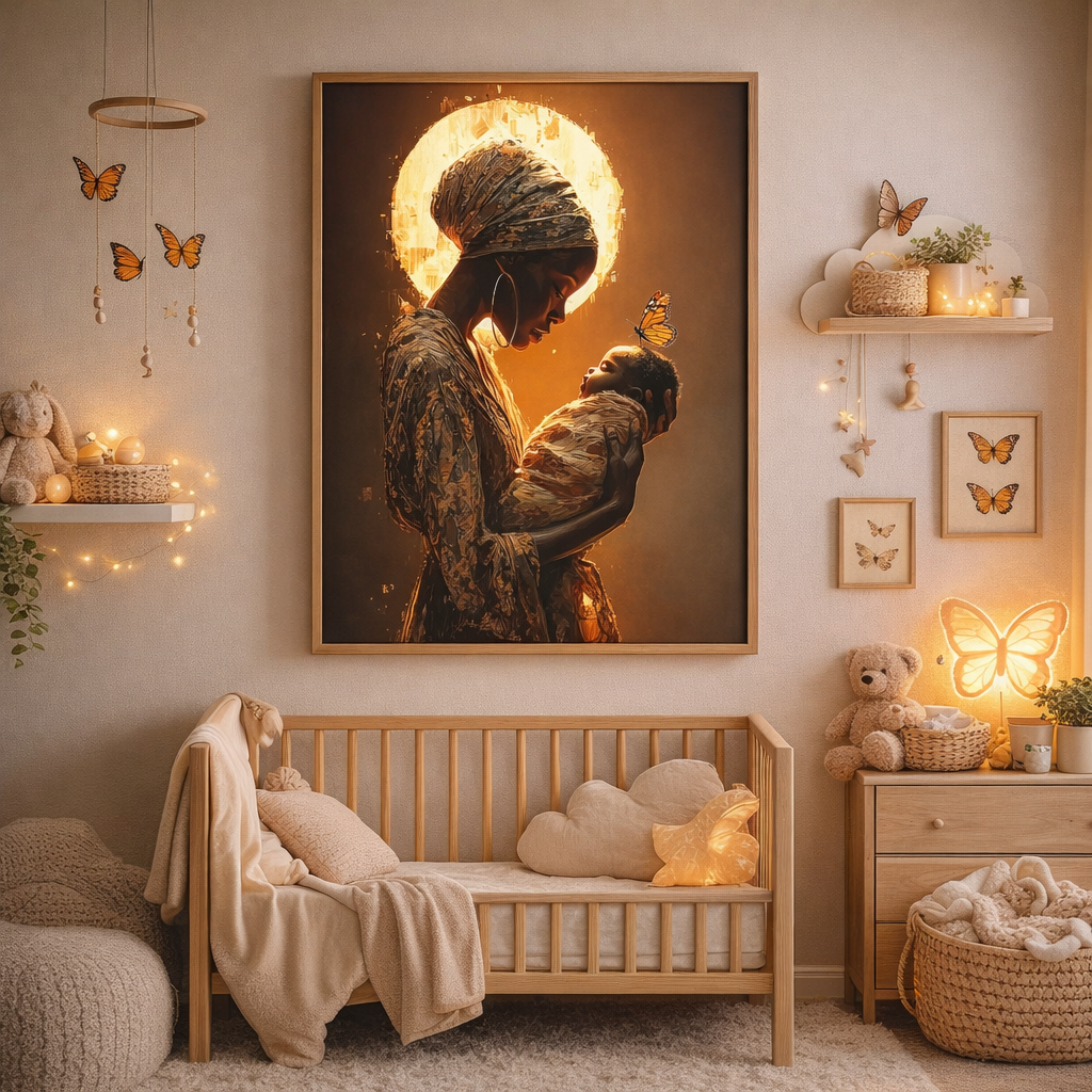 Sacred Motherhood Wall Art Print, Black Mother and Baby Canvas, African American Motherhood Art, Butterfly Symbolism, Spiritual Nursery Decor