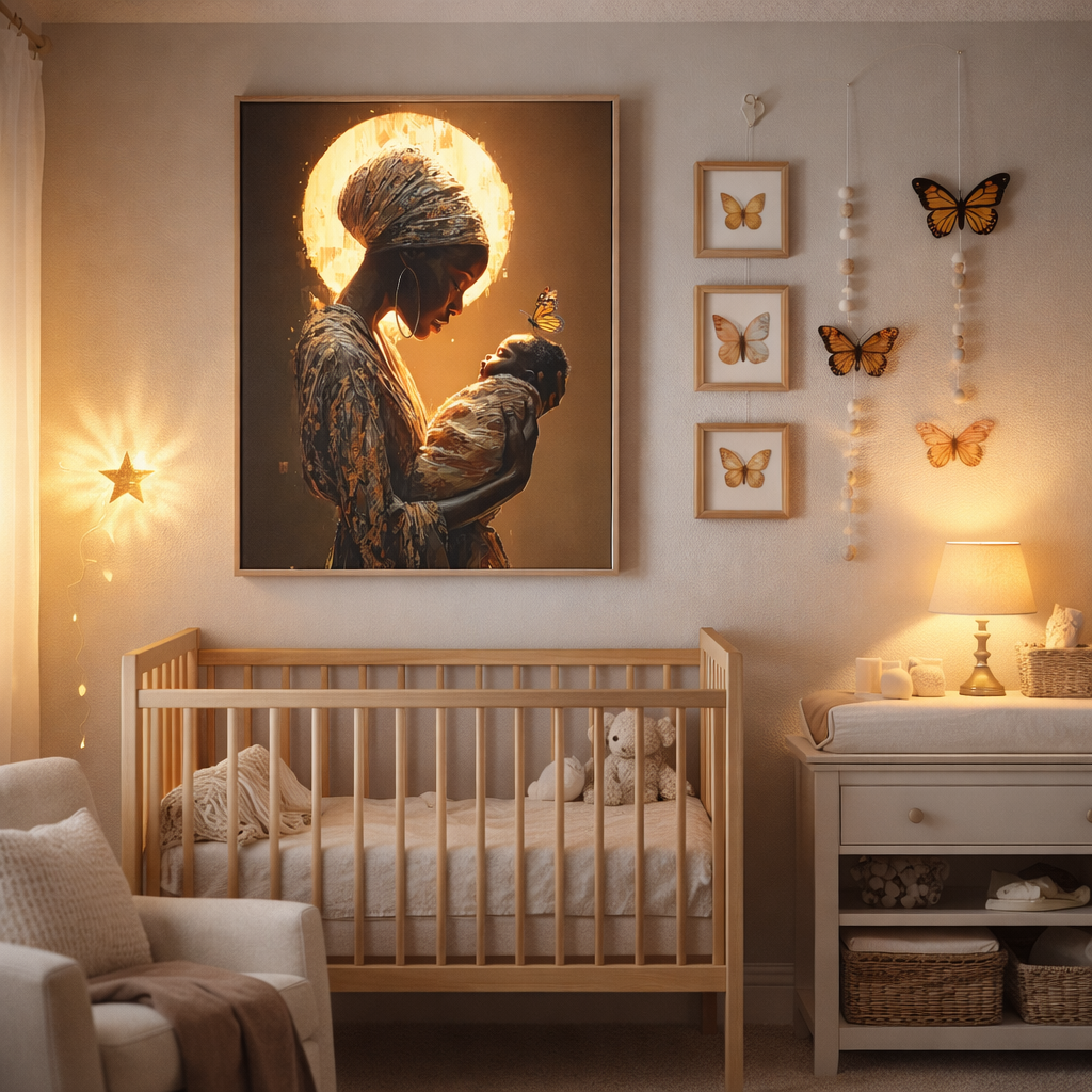 Sacred Motherhood Wall Art Print, Black Mother and Baby Canvas, African American Motherhood Art, Butterfly Symbolism, Spiritual Nursery Decor