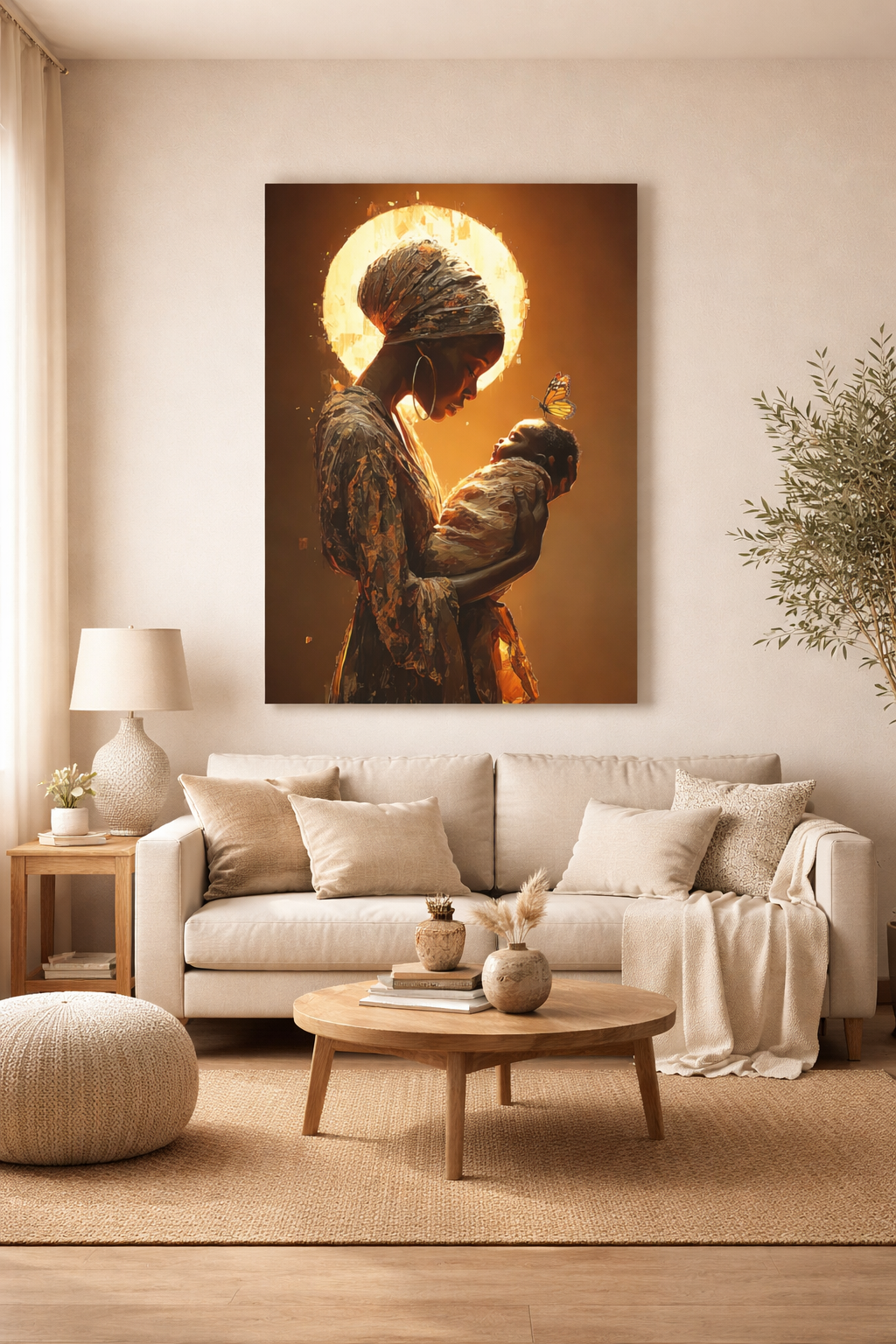 Sacred Motherhood Wall Art Print, Black Mother and Baby Canvas, African American Motherhood Art, Butterfly Symbolism, Spiritual Nursery Decor