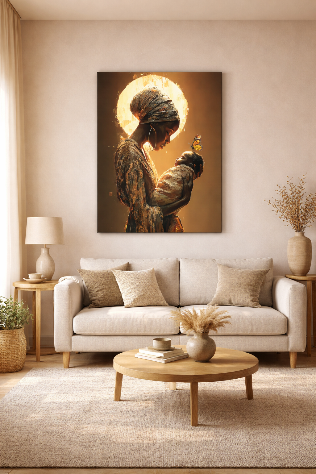 Sacred Motherhood Wall Art Print, Black Mother and Baby Canvas, African American Motherhood Art, Butterfly Symbolism, Spiritual Nursery Decor