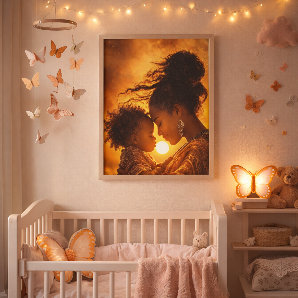 African American Mother and Child Sunset Canvas Art, Black Motherhood Artwork, Afro Mom and Baby Portrait, Warm Sunset Family Canvas