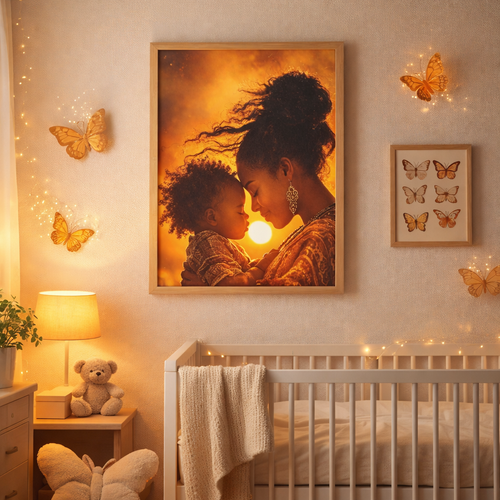 African American Mother and Child Sunset Canvas Art, Black Motherhood Artwork, Afro Mom and Baby Portrait, Warm Sunset Family Canvas