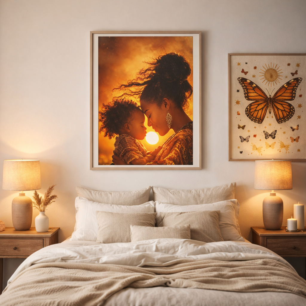 African American Mother and Child Sunset Canvas Art, Black Motherhood Artwork, Afro Mom and Baby Portrait, Warm Sunset Family Canvas
