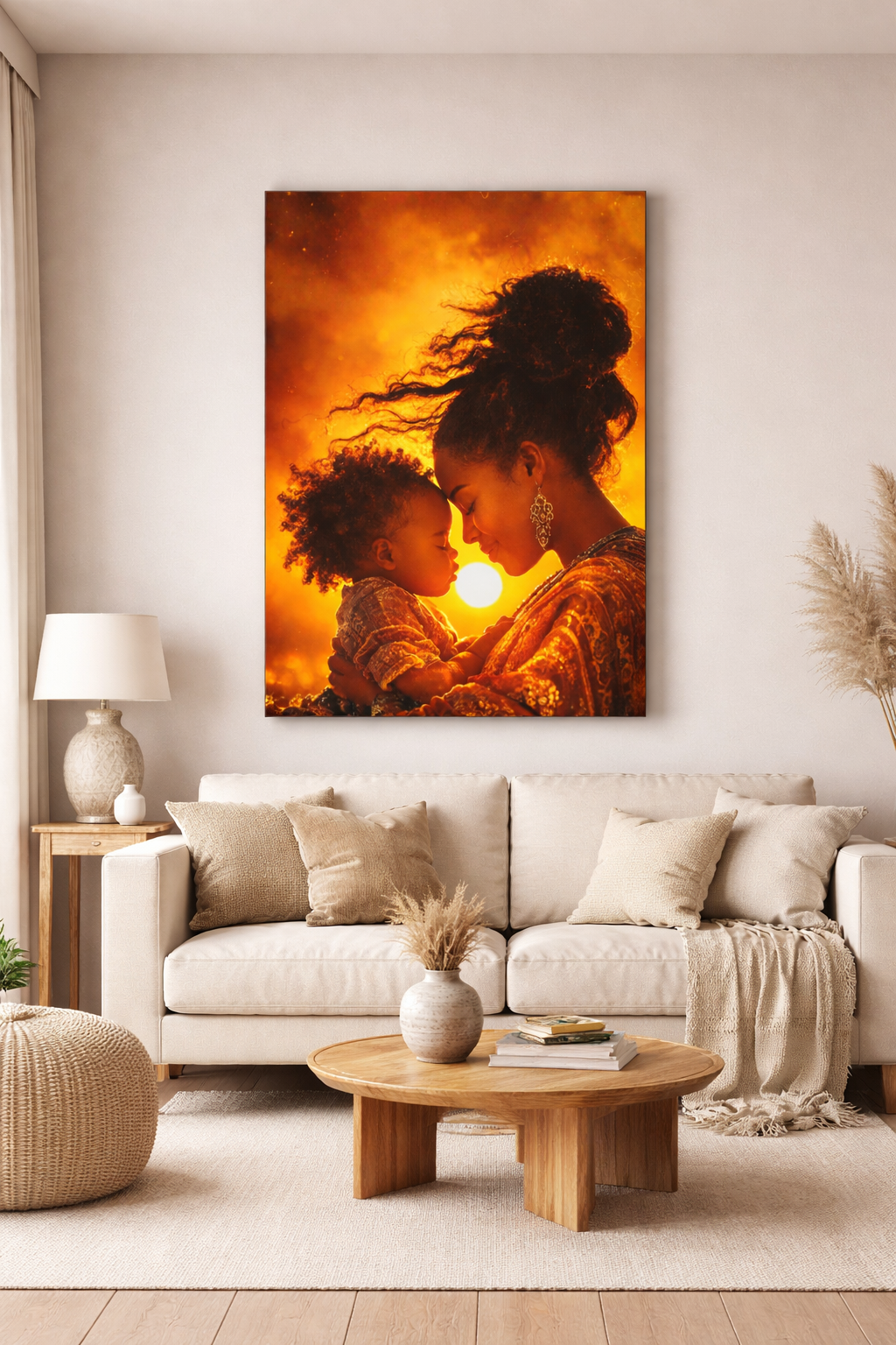 African American Mother and Child Sunset Canvas Art, Black Motherhood Artwork, Afro Mom and Baby Portrait, Warm Sunset Family Canvas