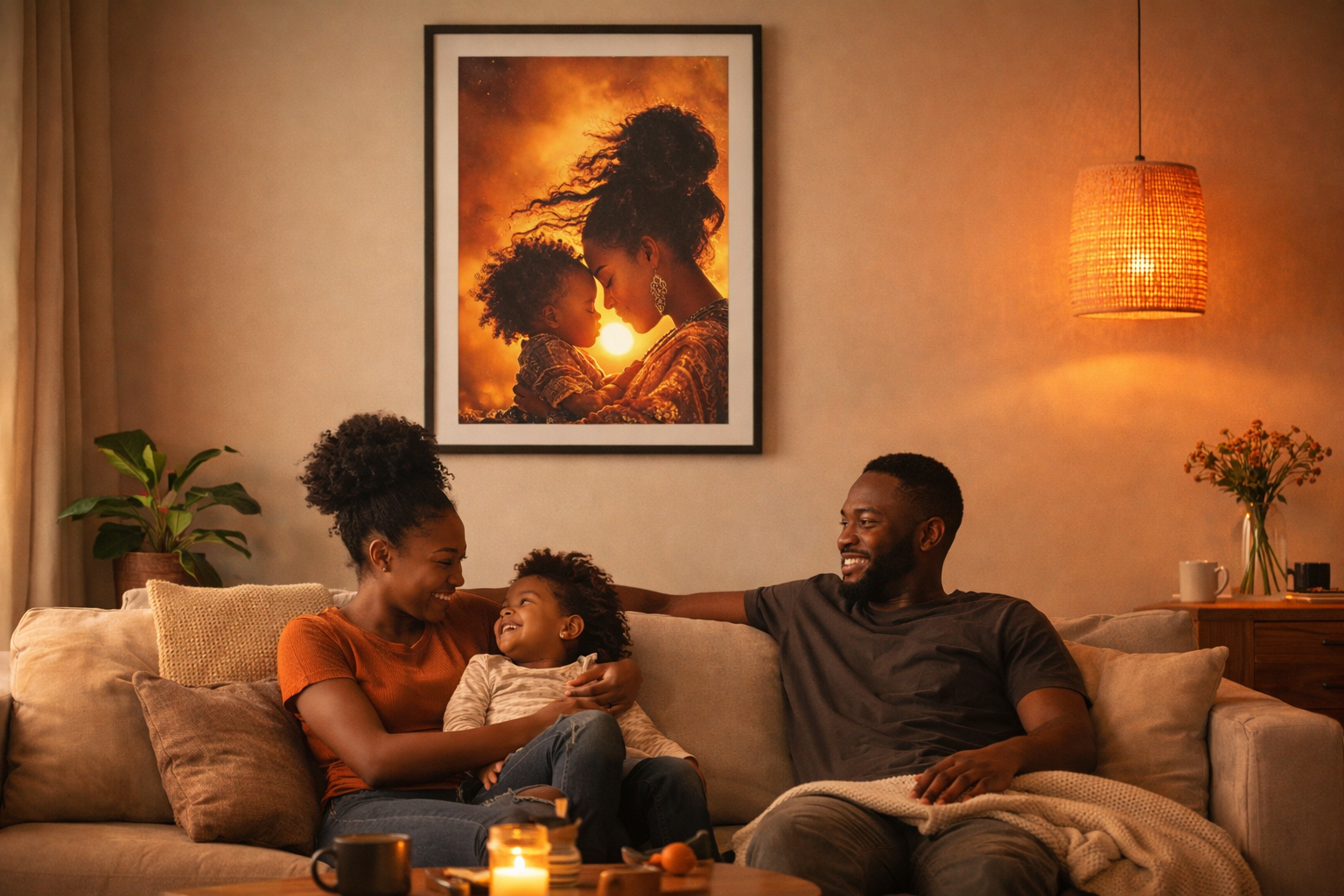 African American Mother and Child Sunset Canvas Art, Black Motherhood Artwork, Afro Mom and Baby Portrait, Warm Sunset Family Canvas
