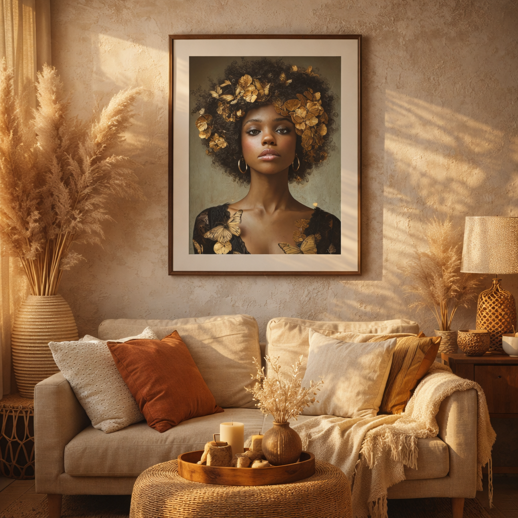 Black Woman Wall Art Canvas – Afro Gold Floral Portrait