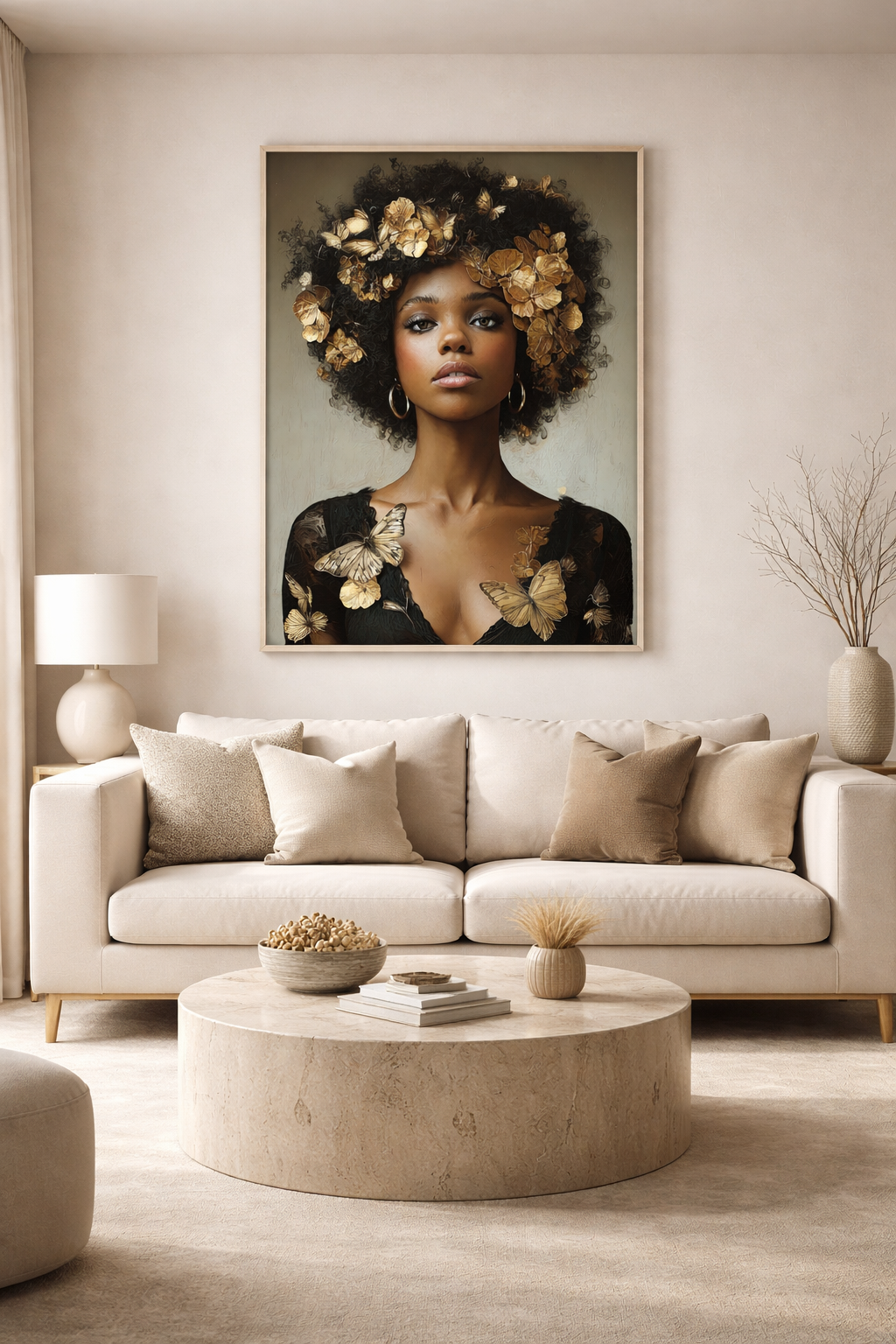 Black Woman Wall Art Canvas – Afro Gold Floral Portrait